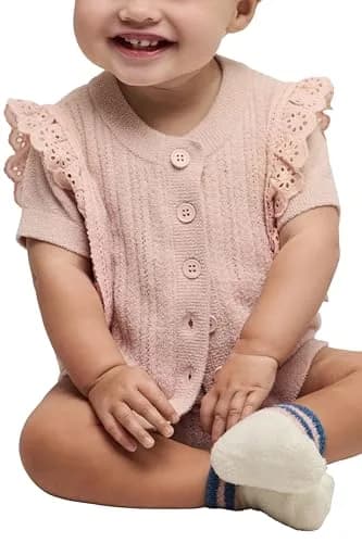 Barefoot Dreams CozyChic Ultra Lite Baby Set with Cotton Eyelet Ruffle, Dusty Rose, 6-12 Months | Soft, Luxurious Baby Outfit thumbnail 2