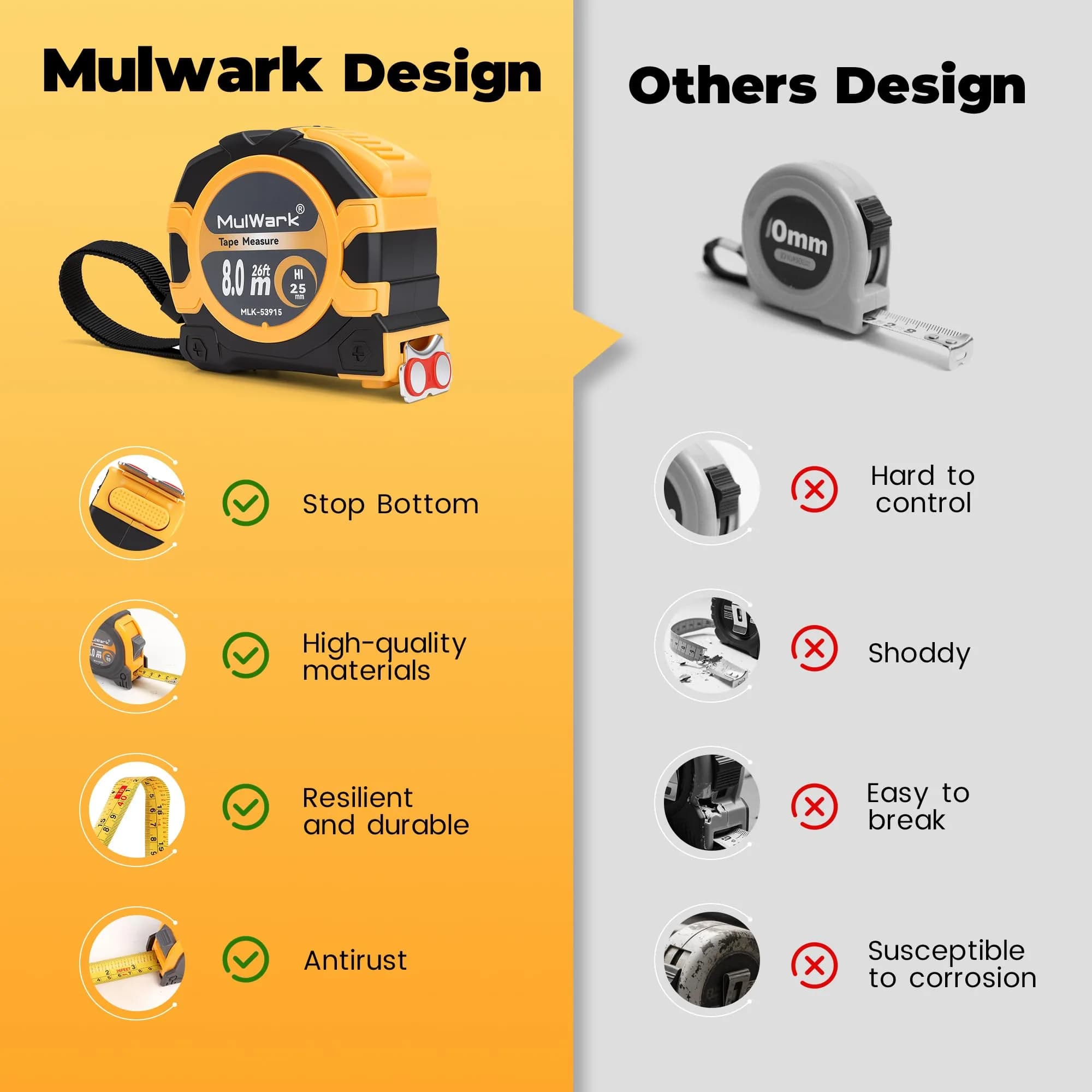 MulWark 26ft (8m) Retractable Tape Measure with Double Secure Blade Lock & Magnetic Hook | Professional Grade for Construction & Woodworking - view 6