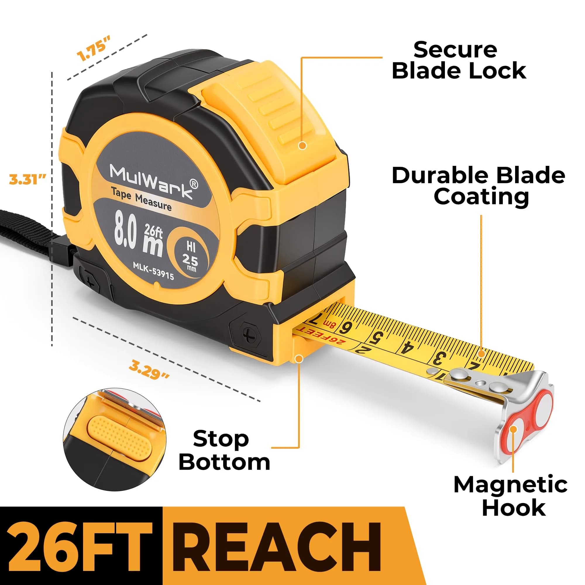MULWARK Yellow-Black 26 ft Retractable Tape Measure with Magnetic Hook - view 2
