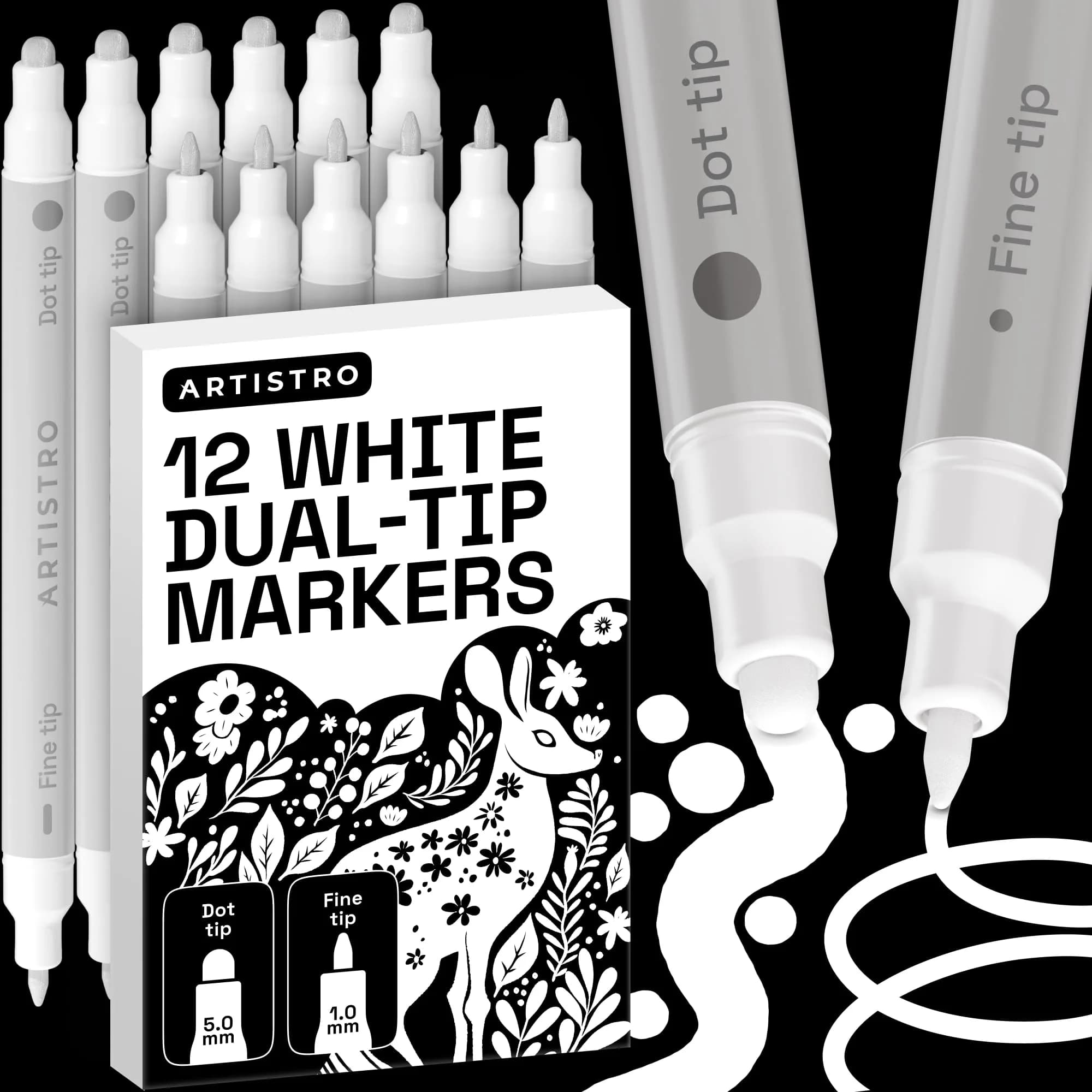 ARTISTRO White Dual-Tip Acrylic Paint Markers Set with Dot & Fine Tips, 12 Count | Non-Toxic Multi-Surface Art Pens - main product image
