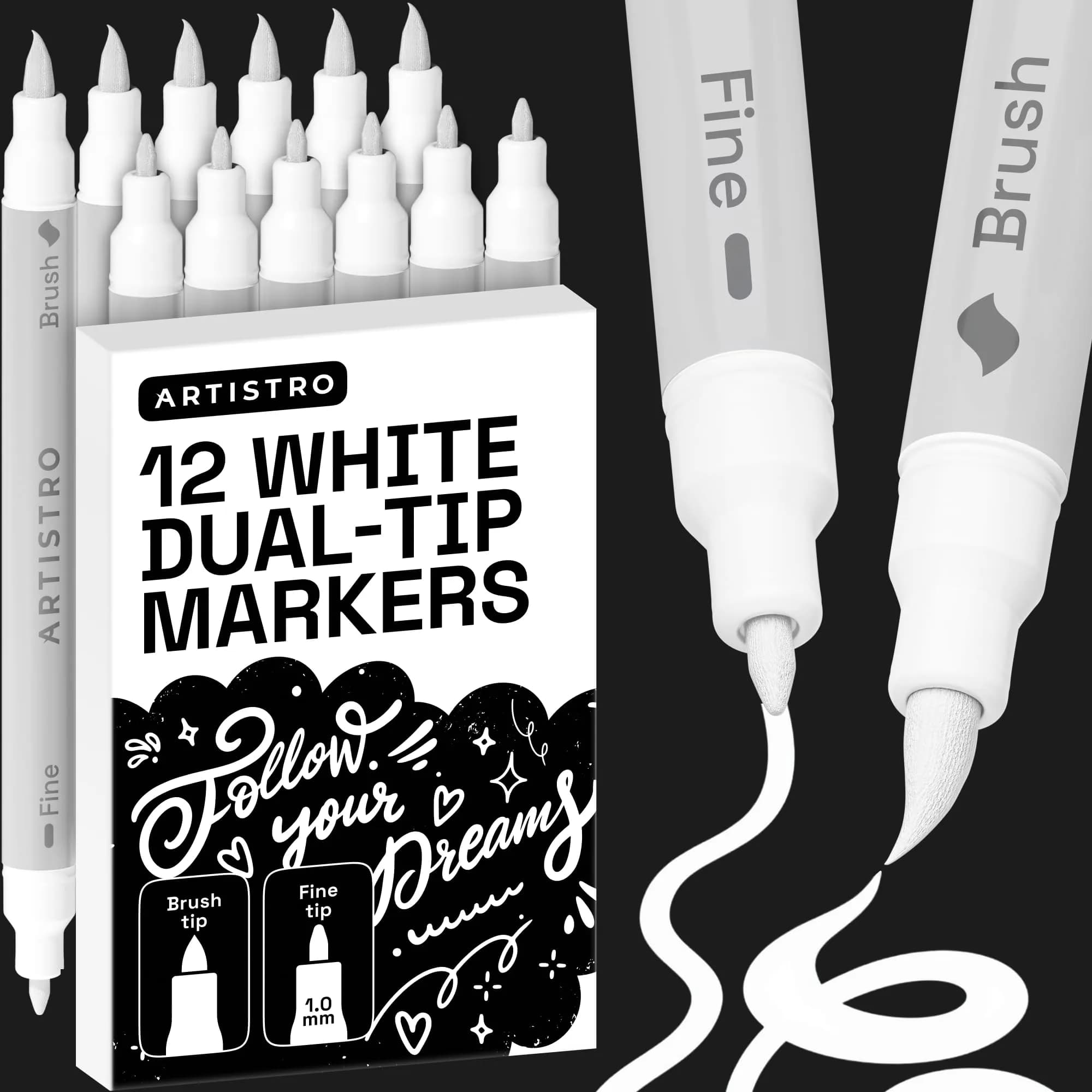 ARTISTRO White Acrylic Paint Markers Dual Tip (12 Count) | Non-Toxic, Multi-Surface Art Supplies - main product image