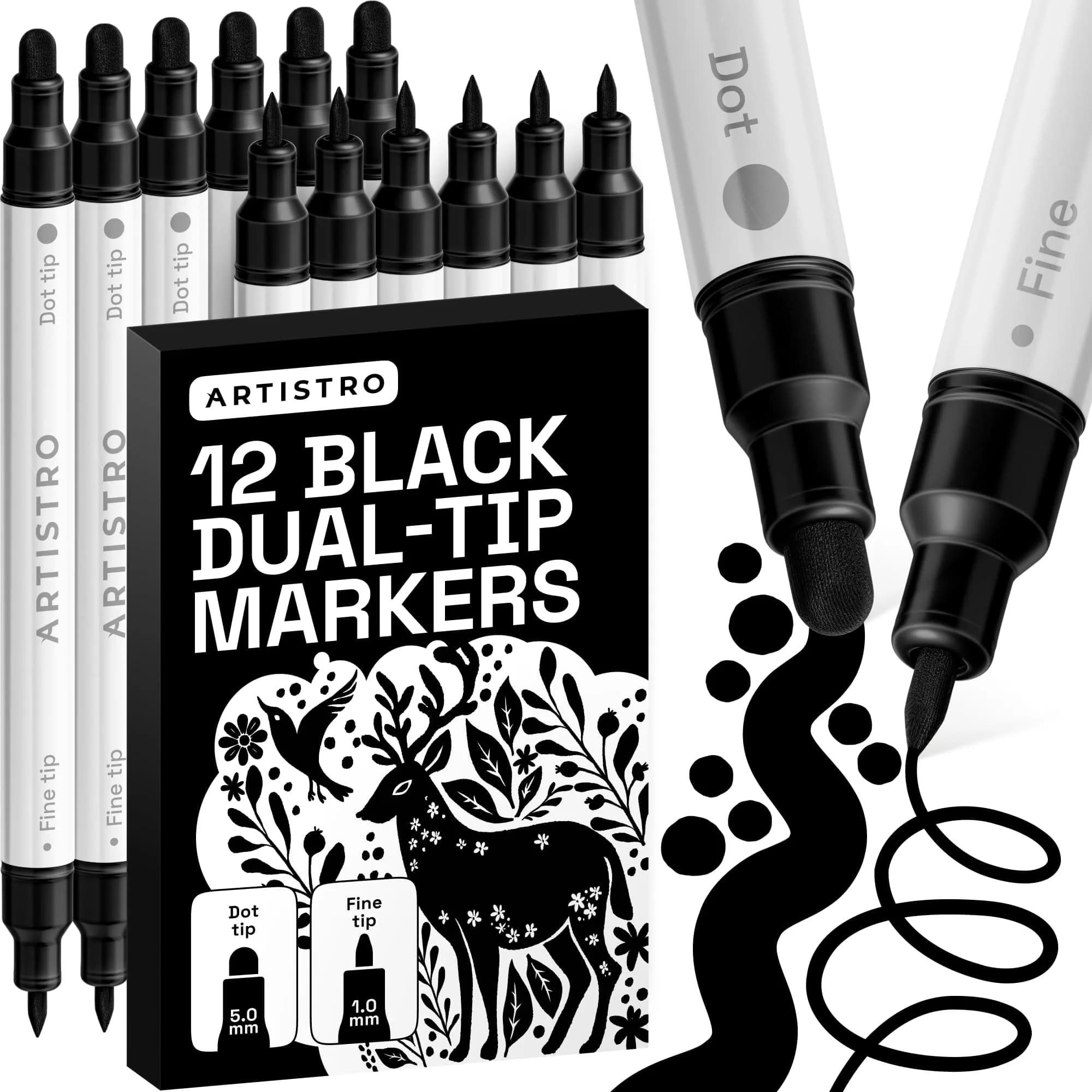 ARTISTRO Dual-Tip Acrylic Paint Markers (12 Black Pens) | Precision Lines & Bold Strokes for Crafts - main product image