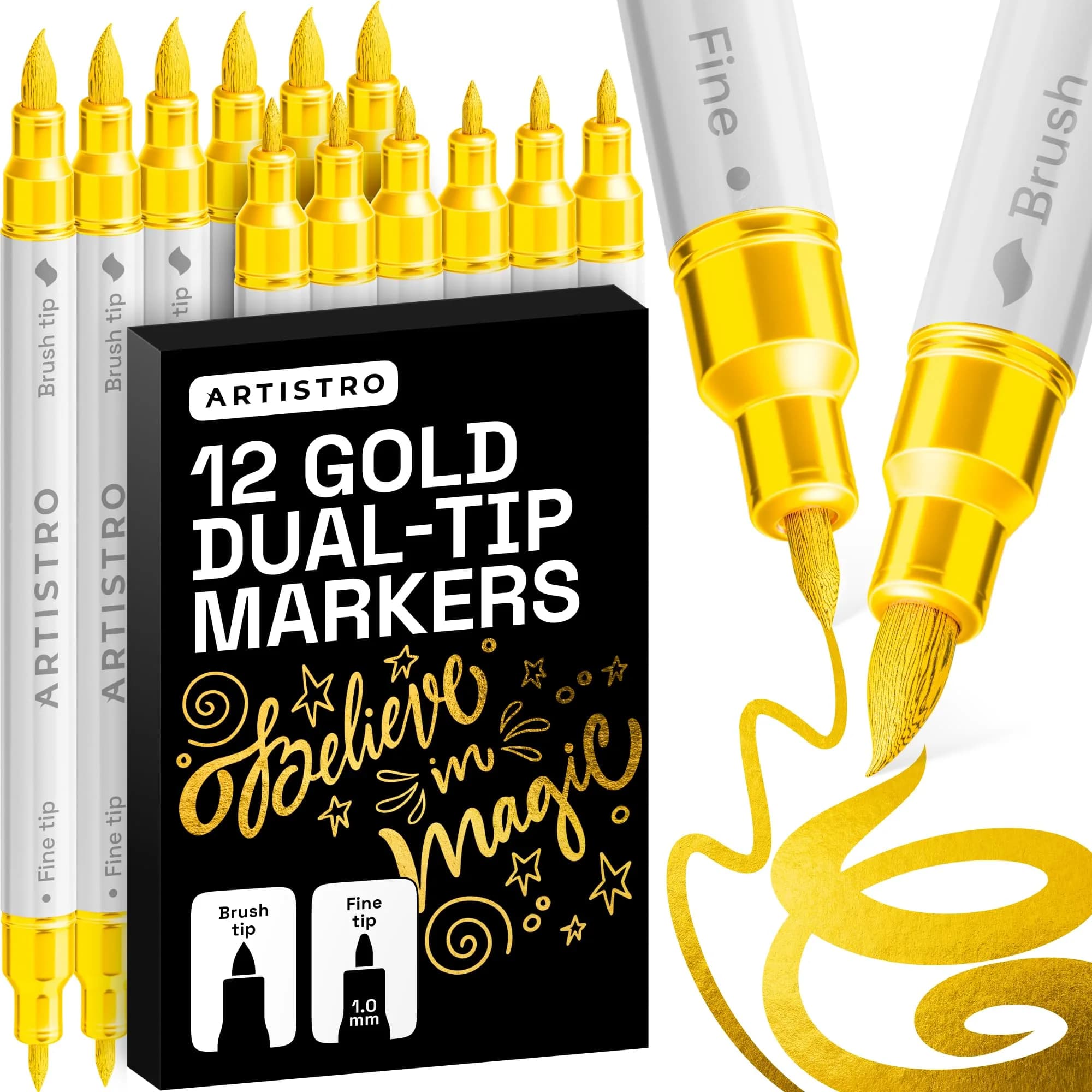 ARTISTRO Gold Acrylic Paint Markers Dual Tip (12 Count) | Non-Toxic & Multi-Surface Art Pens - main product image