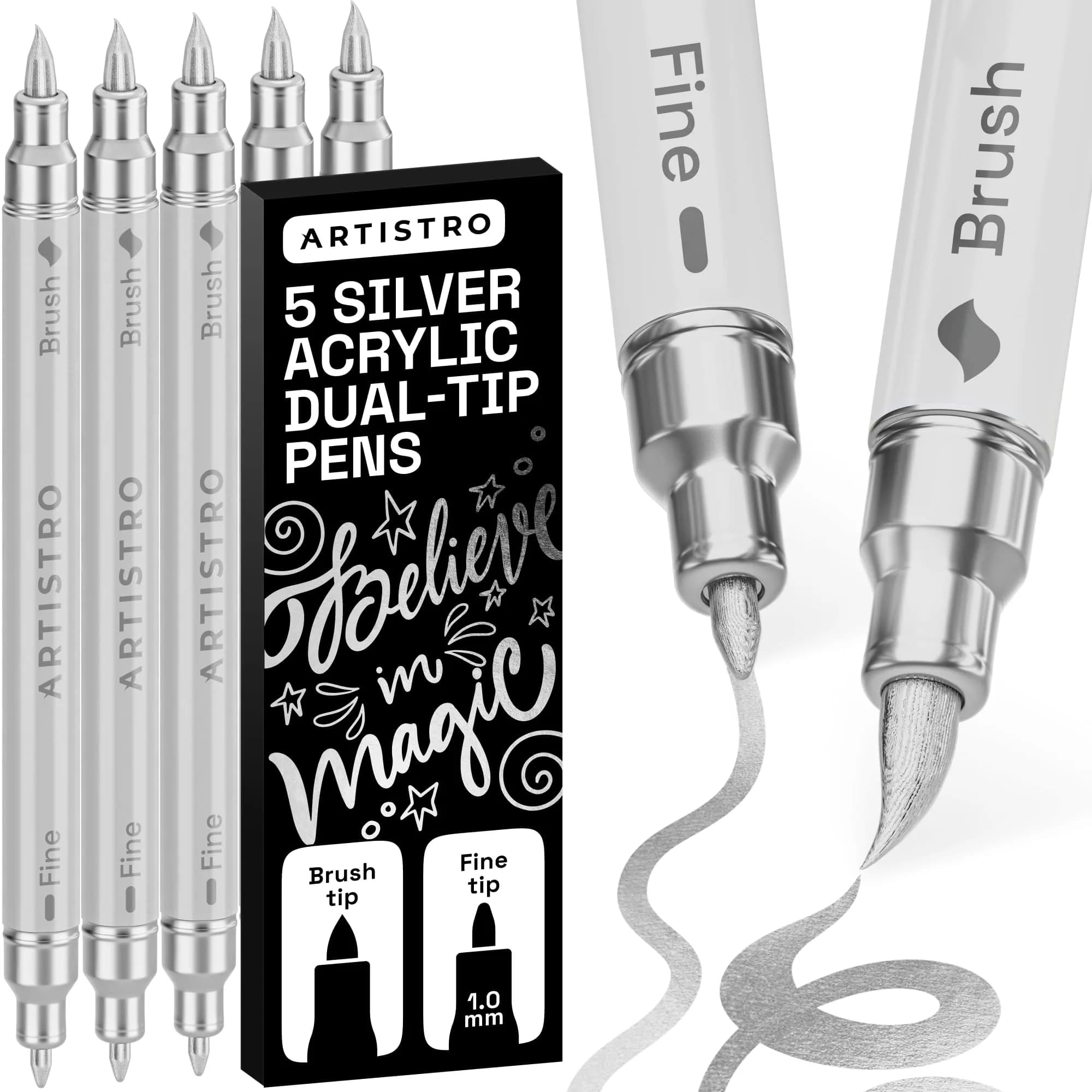ARTISTRO Silver Acrylic Paint Markers Dual Tip (5 Pens) | Non-Toxic Metallic Art Supplies - main product image