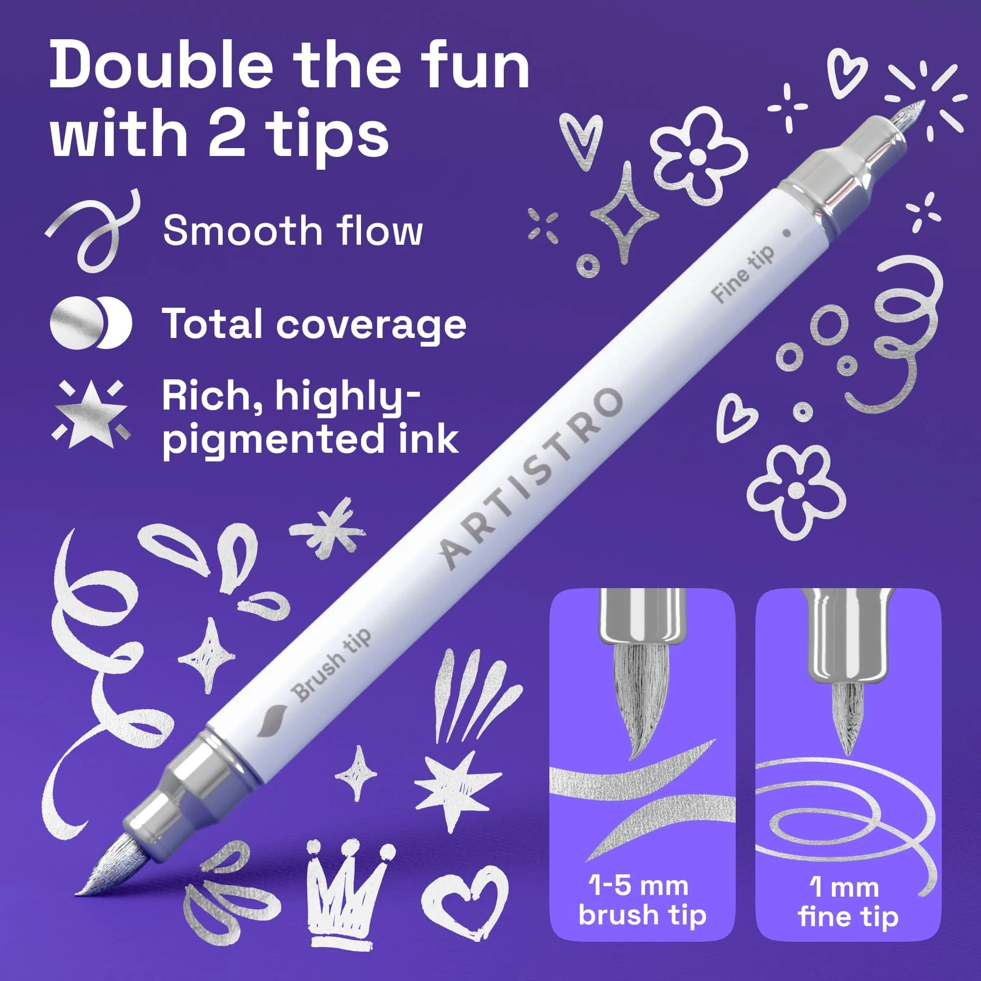 ARTISTRO Silver Acrylic Paint Markers Dual Tip (5 Pens) | Non-Toxic Metallic Art Supplies - view 2