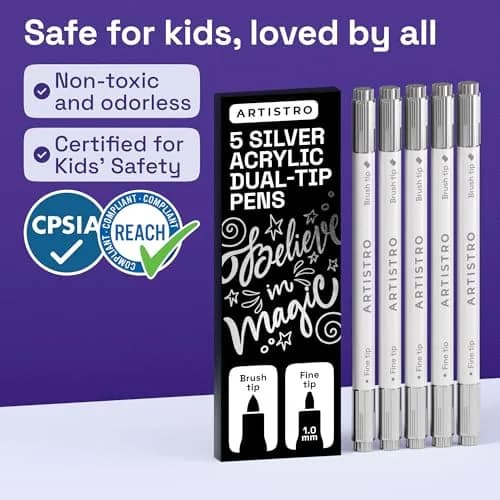 ARTISTRO Silver Dual-Tip Acrylic Paint Marker Pens 5-Pack | ASTM D-4236 Certified thumbnail 6