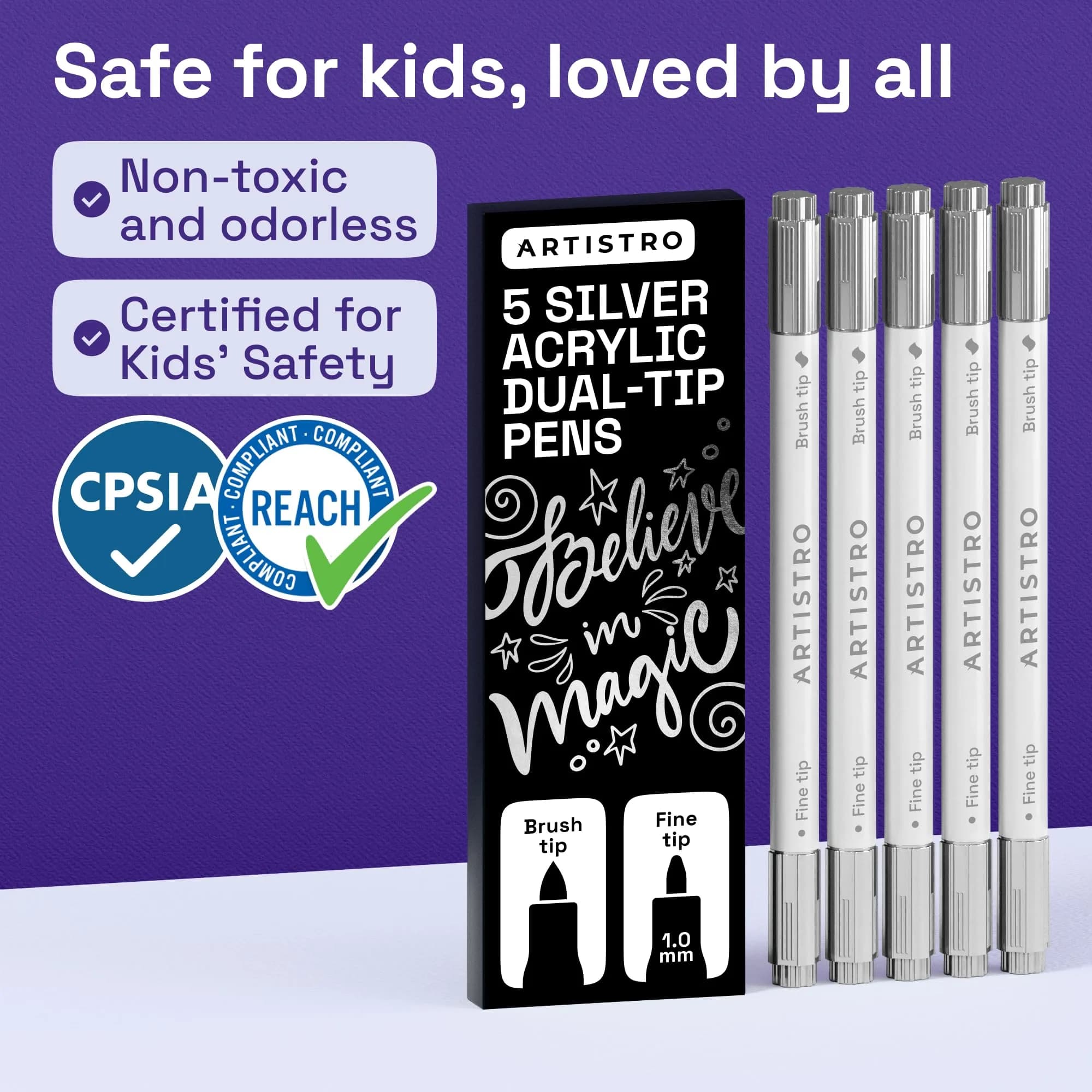 ARTISTRO Silver Acrylic Paint Markers Dual Tip (5 Pens) | Non-Toxic Metallic Art Supplies - view 6
