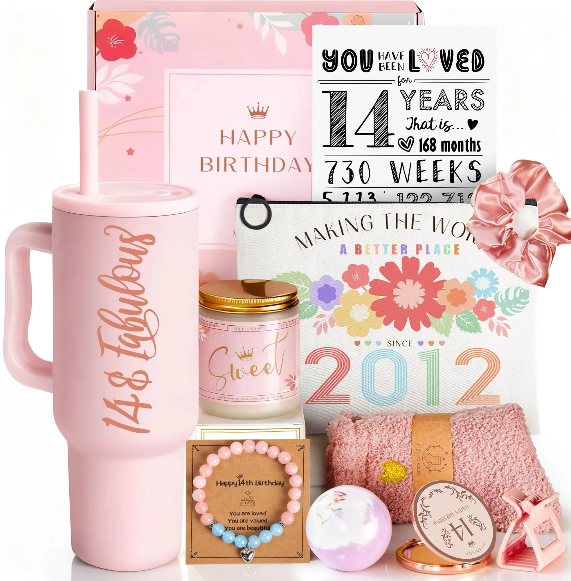 Mirasphere 14th Birthday Gift Set for Girls - 11 Pieces - 24oz Tumbler & Bracelet, Candle, Mirror, Cosmetic Bag, Bath Salts, Poster, Socks, Hair Band, Bobby Pins, Card - main product image