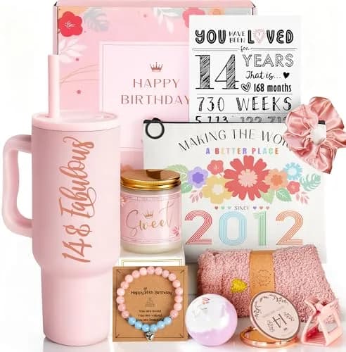 Mirasphere 14th Birthday Gift Set for Girls - 11 Pieces - 24oz Tumbler & Bracelet, Candle, Mirror, Cosmetic Bag, Bath Salts, Poster, Socks, Hair Band, Bobby Pins, Card thumbnail 1