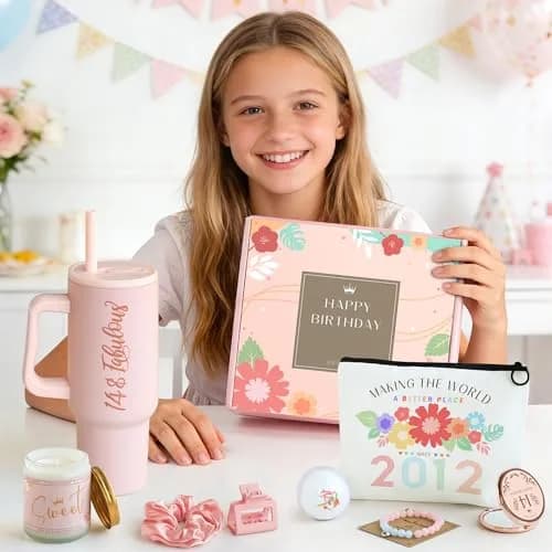 Mirasphere 14th Birthday Gift Set for Girls - 11 Pieces - 24oz Tumbler & Bracelet, Candle, Mirror, Cosmetic Bag, Bath Salts, Poster, Socks, Hair Band, Bobby Pins, Card thumbnail 4
