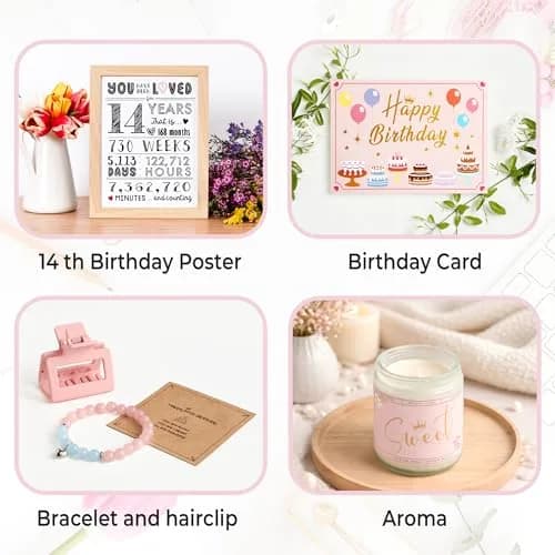 Mirasphere 14th Birthday Gift Set for Girls - 11 Pieces - 24oz Tumbler & Bracelet, Candle, Mirror, Cosmetic Bag, Bath Salts, Poster, Socks, Hair Band, Bobby Pins, Card thumbnail 6