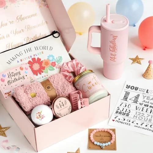 Mirasphere 14th Birthday Gift Set for Girls - 11 Pieces - 24oz Tumbler & Bracelet, Candle, Mirror, Cosmetic Bag, Bath Salts, Poster, Socks, Hair Band, Bobby Pins, Card thumbnail 2