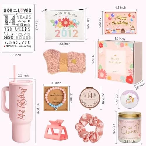 Mirasphere 14th Birthday Gift Set for Girls - 11 Pieces - 24oz Tumbler & Bracelet, Candle, Mirror, Cosmetic Bag, Bath Salts, Poster, Socks, Hair Band, Bobby Pins, Card thumbnail 3