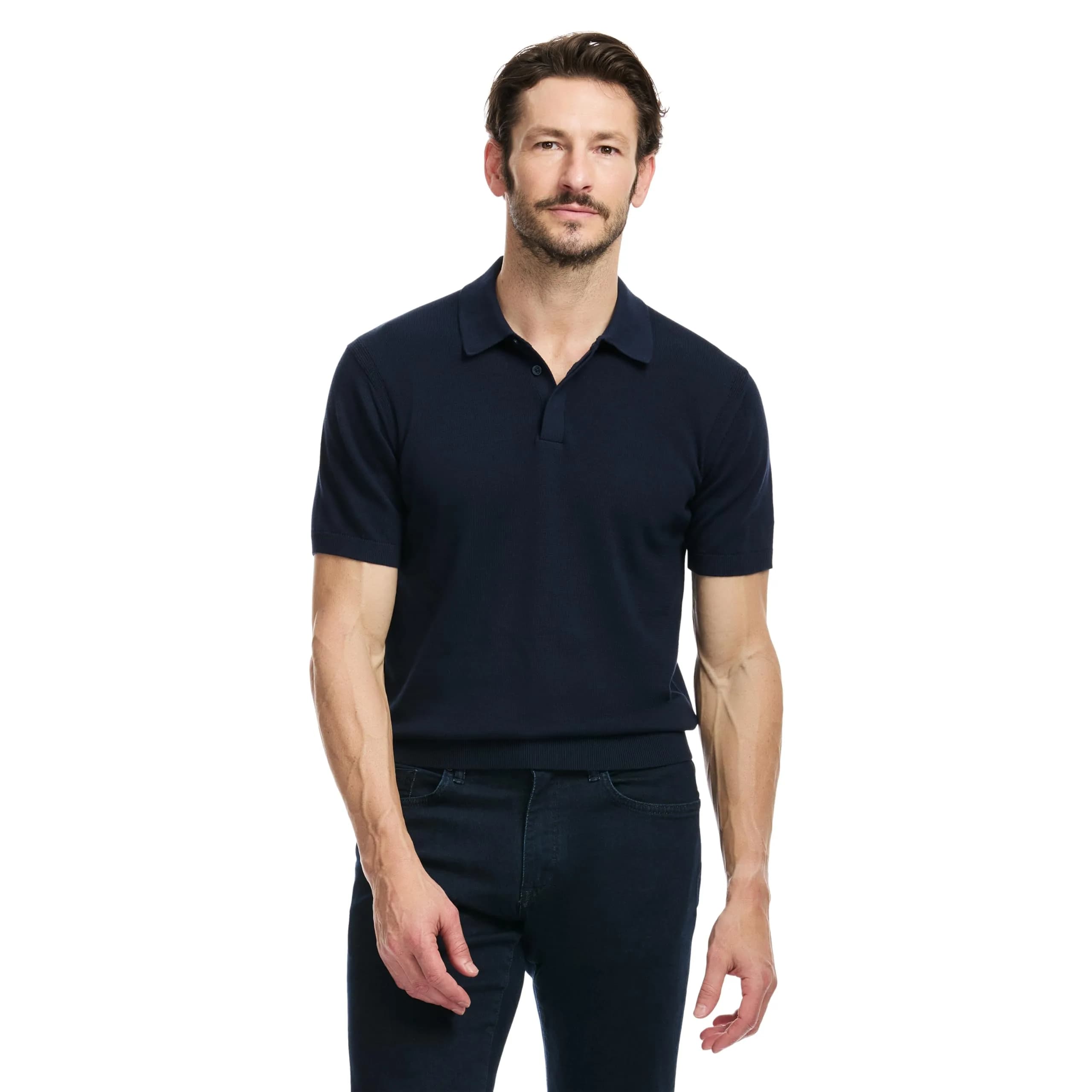 SAKS Fifth Avenue Men's Short Sleeve Rib Knit Sweater Polo | Premium Cotton Blend Knit Top, Classic-Fit & Richly Detailed, Navy, XXL