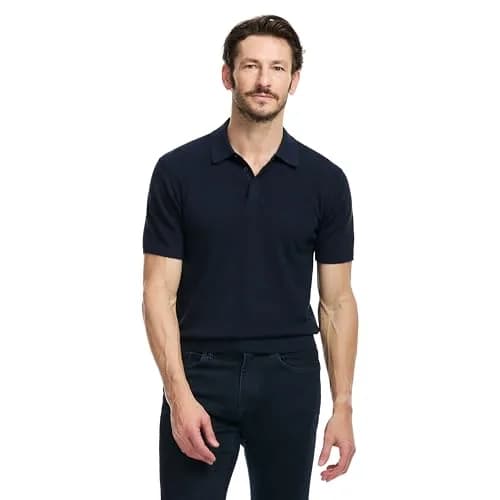 SAKS Fifth Avenue Men's Short Sleeve Rib Knit Sweater Polo | Premium Cotton Blend Knit Top, Classic-Fit & Richly Detailed, Navy, XXL thumbnail 1