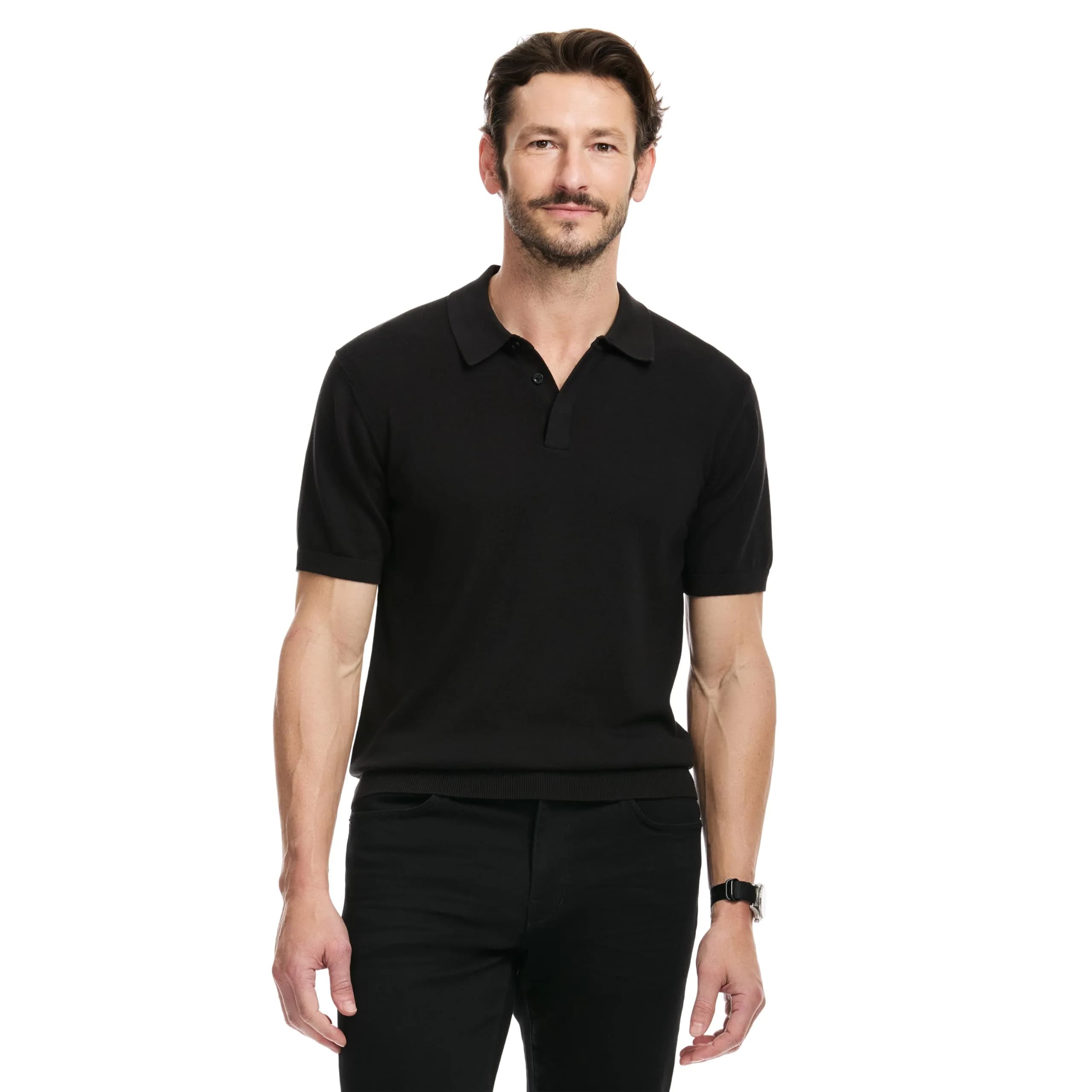 SAKS Fifth Avenue Men's Short Sleeve Rib Knit Sweater Polo, Premium Cotton Blend Knit Top, Classic-Fit & Richly Detailed, Black, S | Modern Casual Elegance