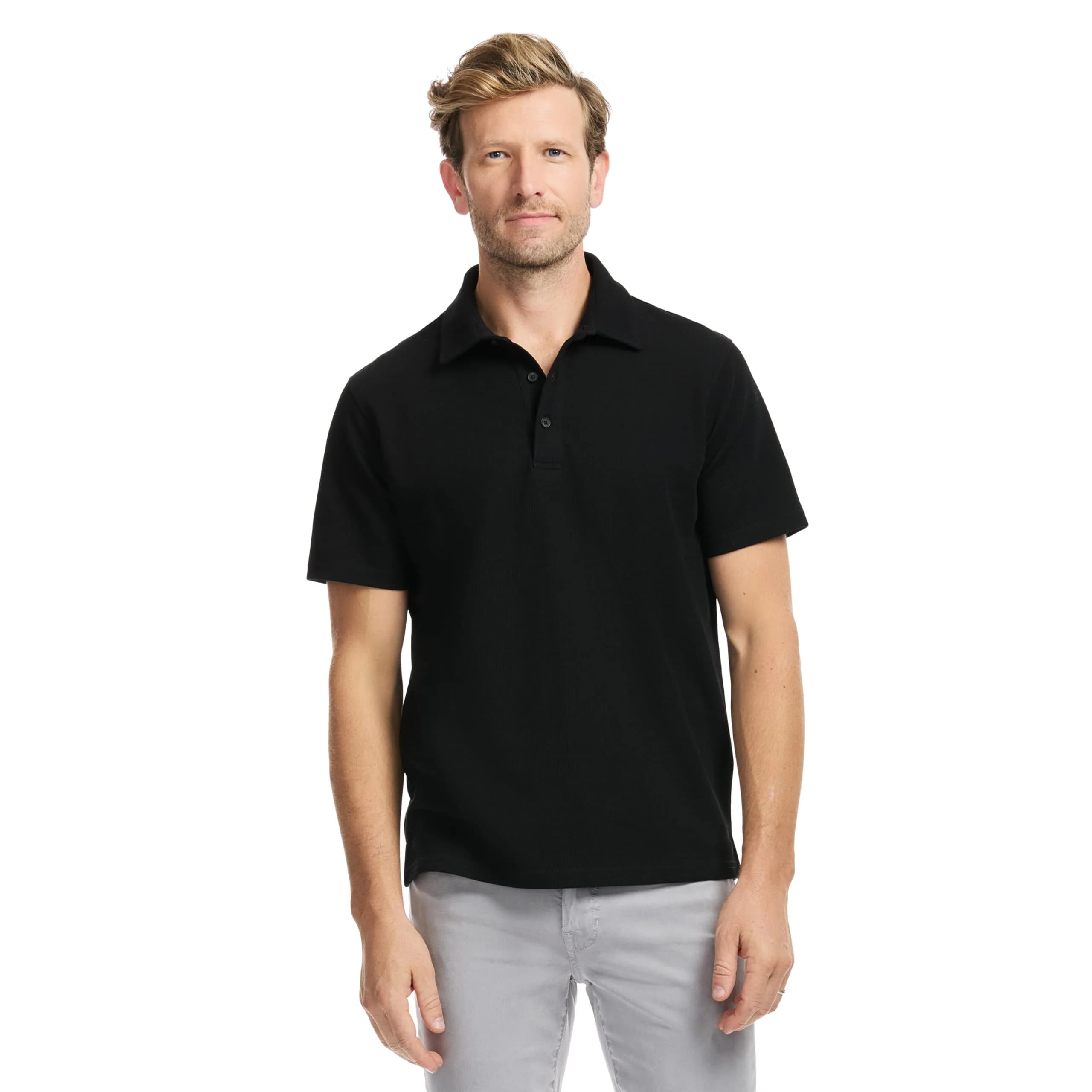 SAKS FIFTH AVENUE Men's Short Sleeve Textured Pique Polo | Premium Cotton Blend Knit Top, Classic-Fit & Richly Detailed, Black, M — Black