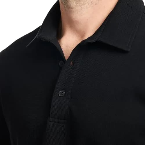 SAKS FIFTH AVENUE Men's Short Sleeve Textured Pique Polo | Premium Cotton Blend Knit Top, Classic-Fit & Richly Detailed, Black, M thumbnail 2