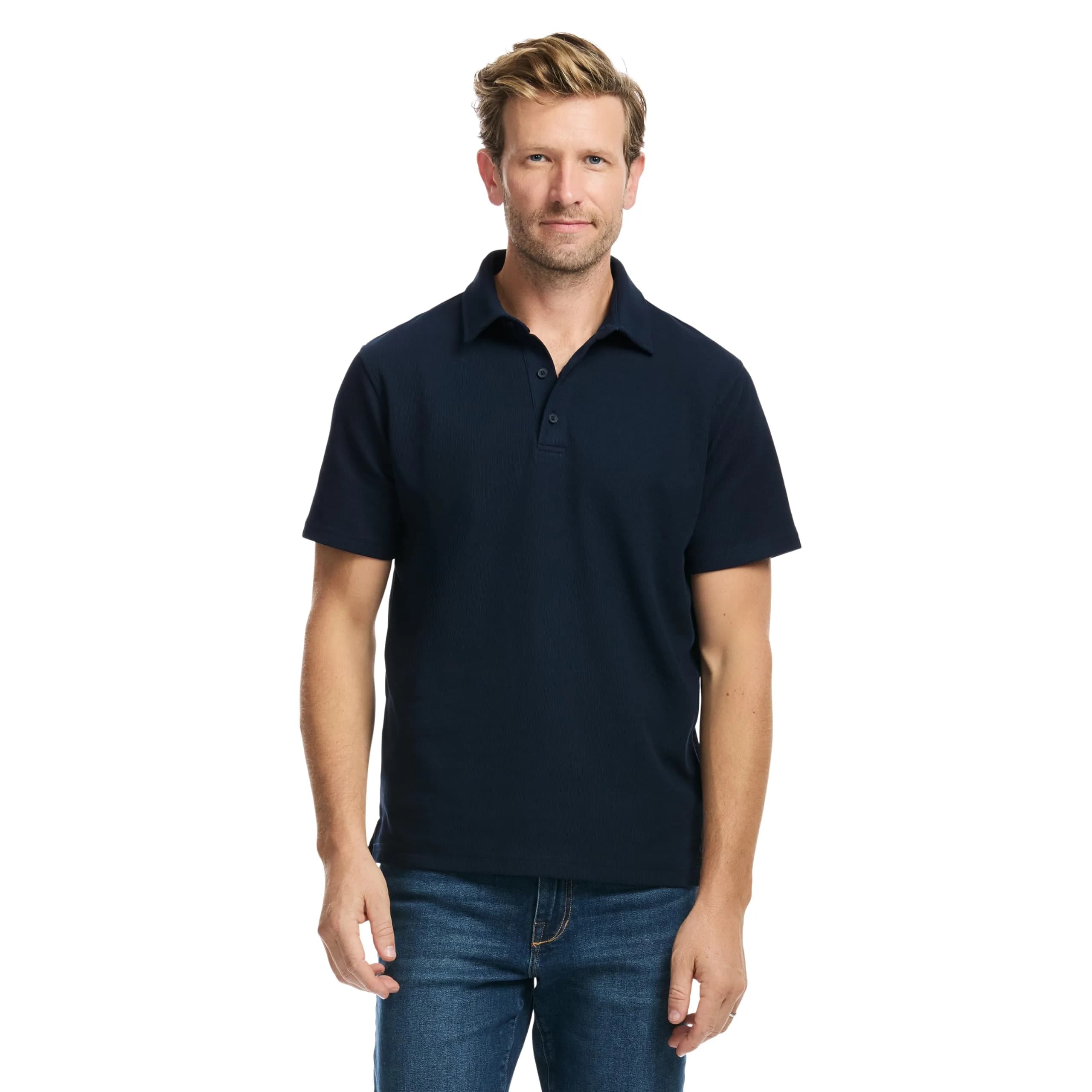 SAKS Fifth Avenue Men's Short Sleeve Textured Pique Polo, Premium Cotton Blend Knit Top, Navy, L | Classic-Fit & Richly Detailed — Navy