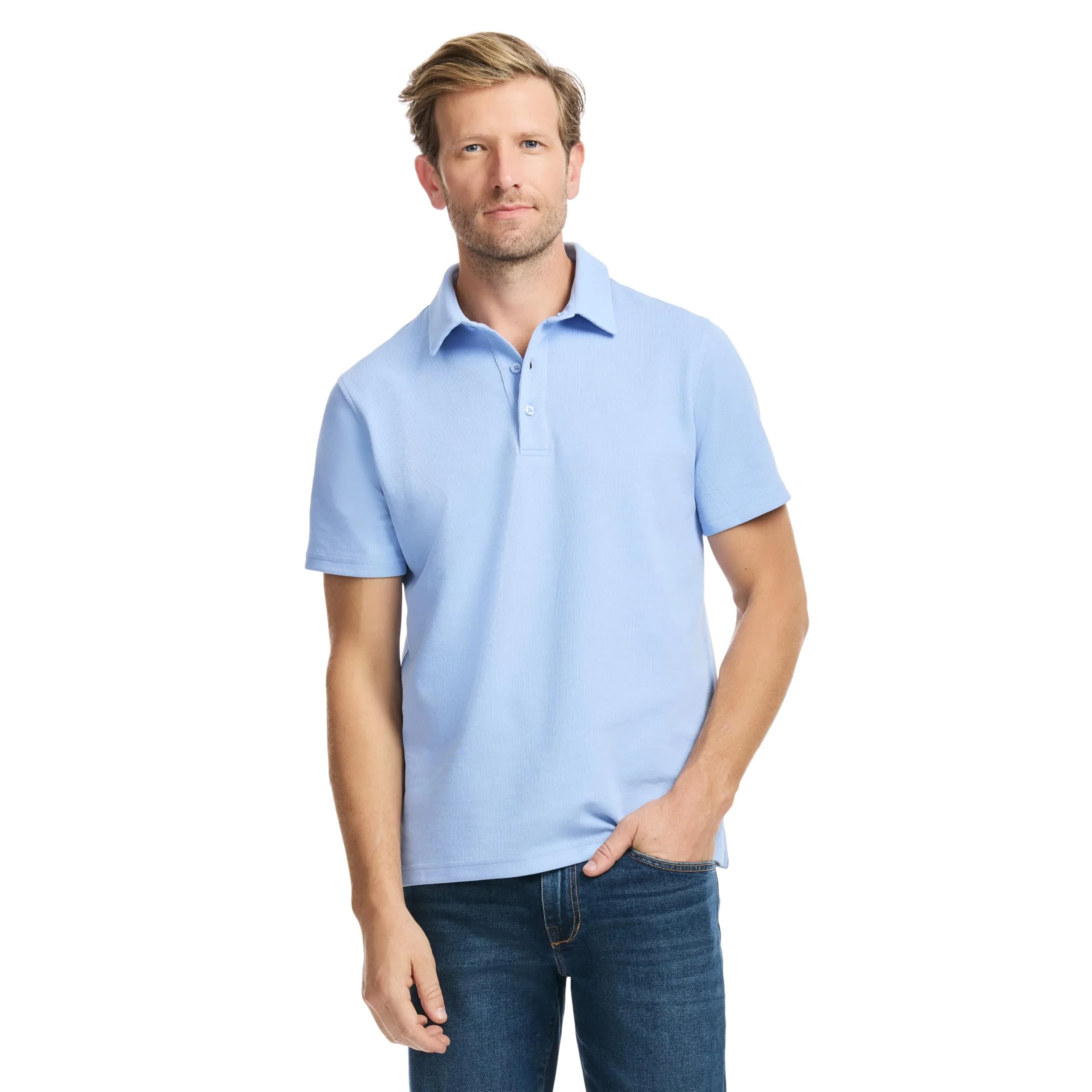 SAKS Fifth Avenue Men's Short Sleeve Textured Pique Polo, Premium Cotton Blend Knit Top, Classic-Fit & Richly Detailed | Sky Blue XS