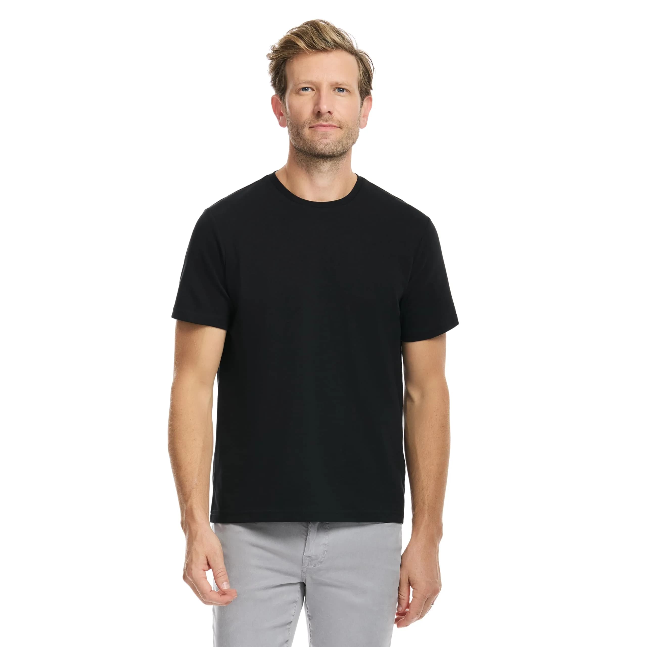 SAKS FIFTH AVENUE Men's Short Sleeve Classic Luxe Jersey Crewneck T-Shirt | Premium Cotton Knit Top, Classic-Fit & Richly Detailed (70-120c) — Black