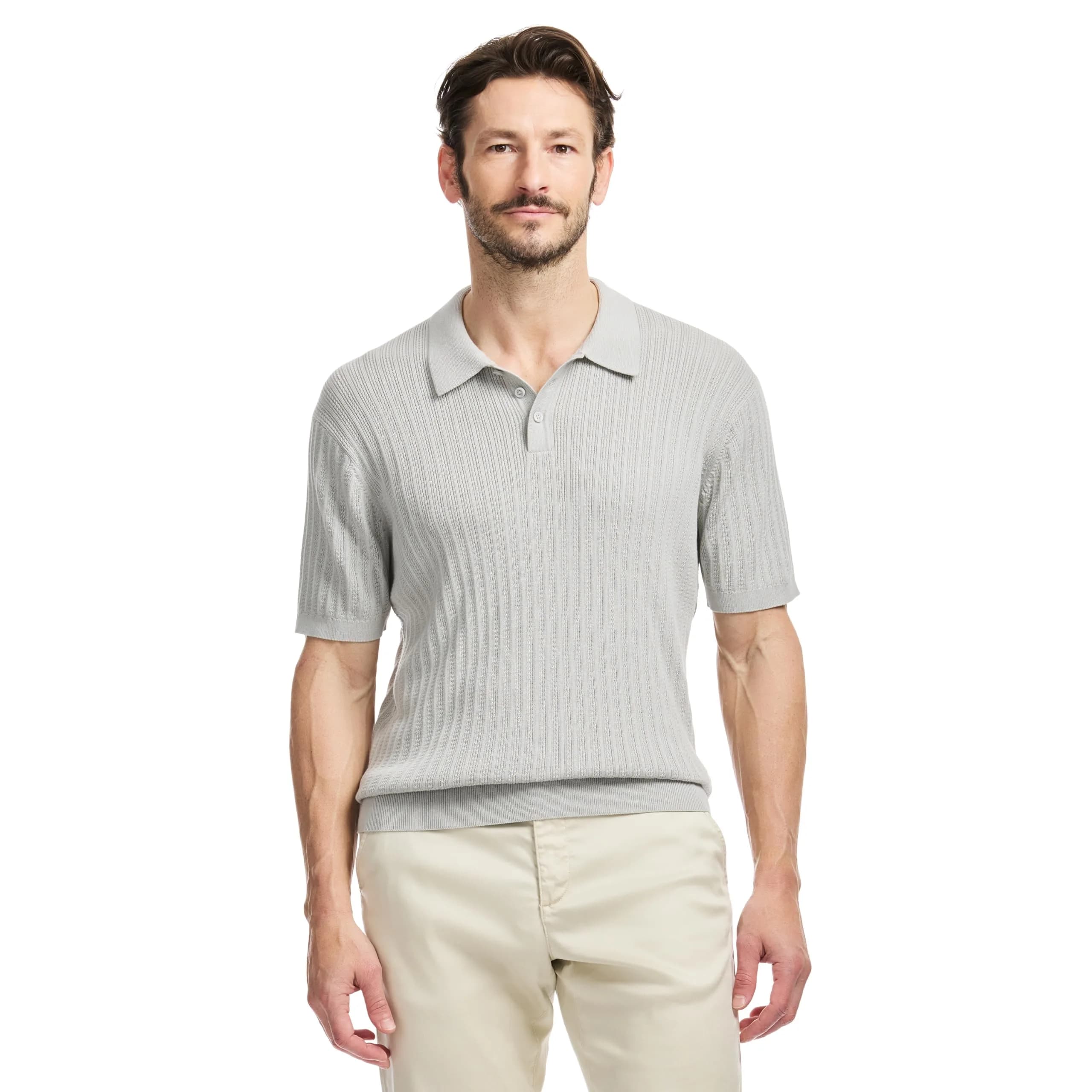 SAKS Fifth Avenue Men's Short Sleeve Vertical Texture Rib Knit Sweater Polo, Premium Cotton Blend Knit Top, Classic-Fit & Richly Detailed — Wolf Grey