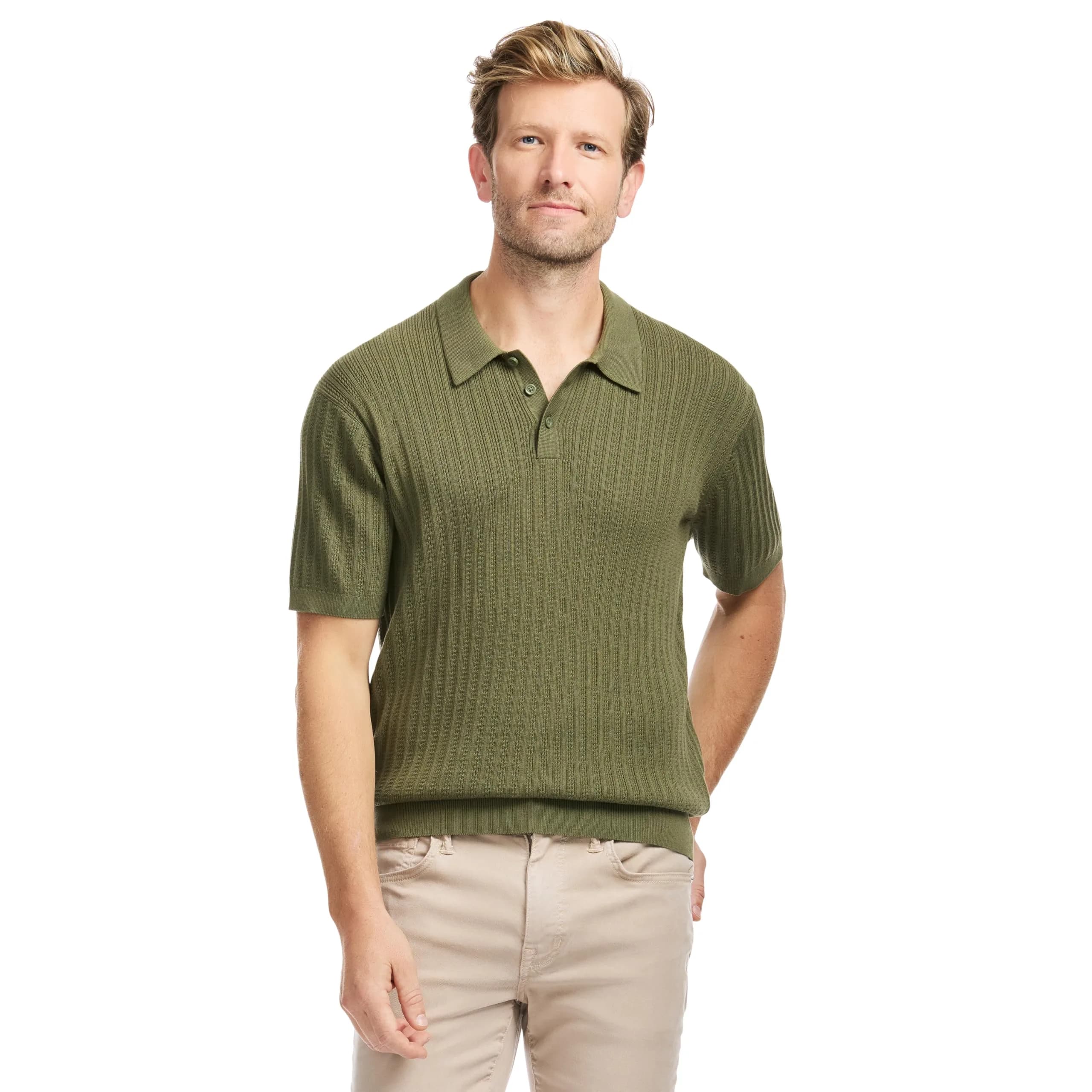 SAKS Fifth Avenue Men's Short Sleeve Vertical Texture Rib Knit Sweater Polo, Premium Cotton Blend Knit Top, Classic-Fit & Richly Detailed, Olive, XL | Breathable & Stylish — Olive