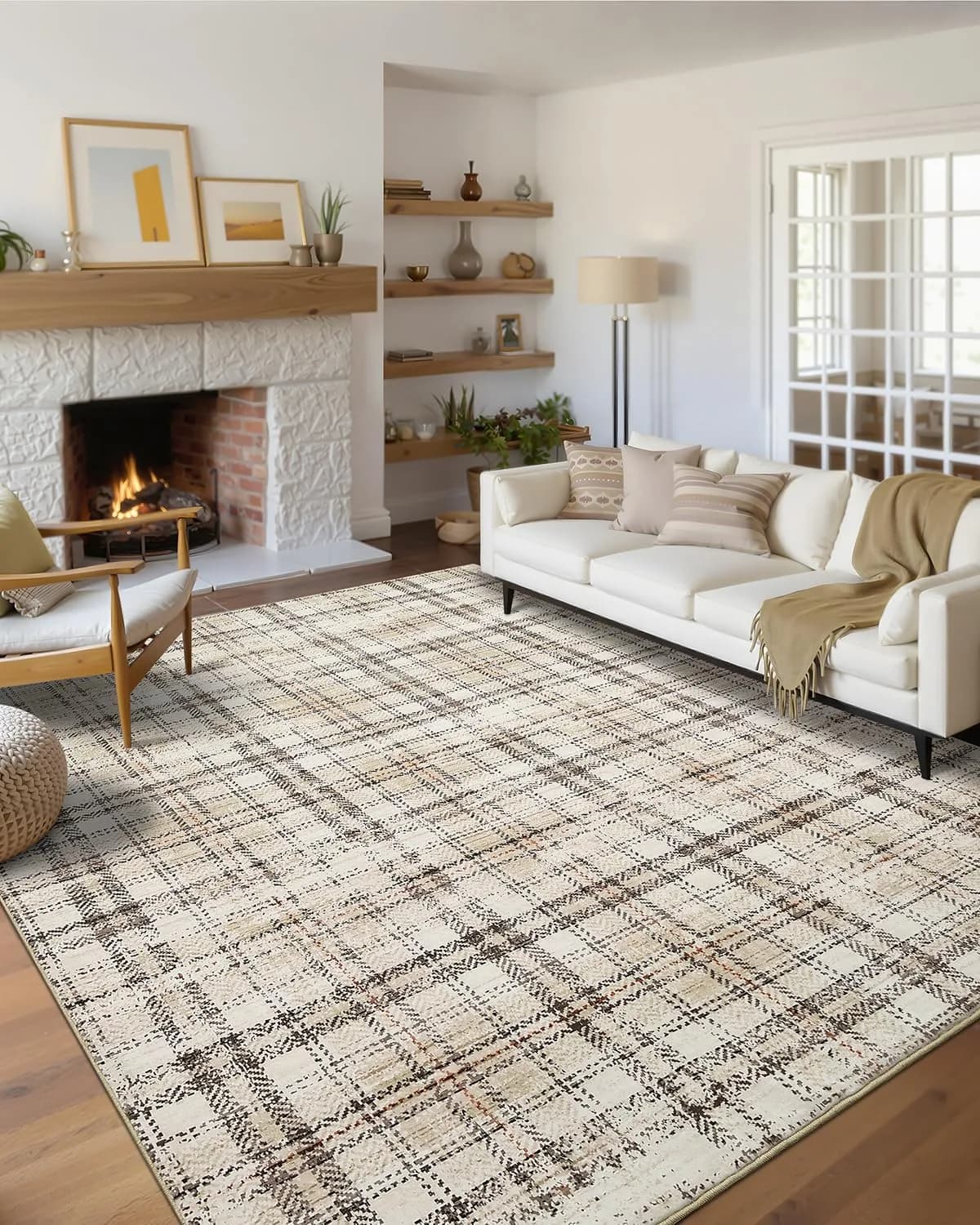 SLEKVERSA Plaid Rug 9x12 | Modern Geometric Indoor Area Rug Beige