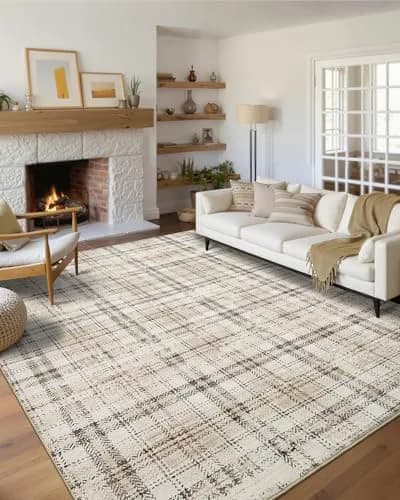 SLEKVERSA Plaid Rug 9x12 | Modern Geometric Indoor Area Rug Beige thumbnail 1