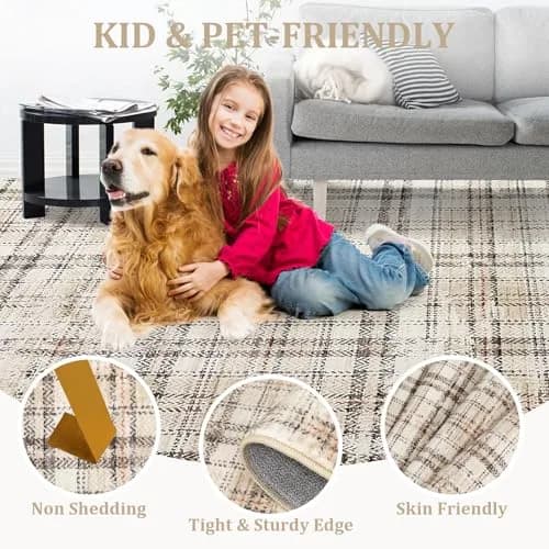 SLEKVERSA Plaid Rug 9x12 | Modern Geometric Indoor Area Rug Beige thumbnail 7