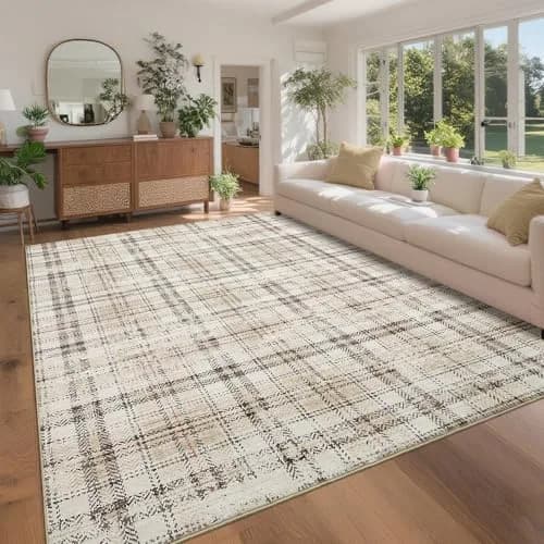SLEKVERSA Plaid Rug 9x12 | Modern Geometric Indoor Area Rug Beige thumbnail 9