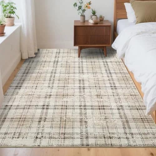 SLEKVERSA Plaid Rug 9x12 | Modern Geometric Indoor Area Rug Beige thumbnail 2