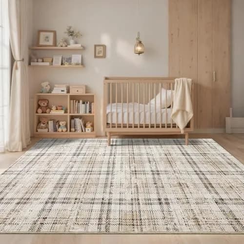 SLEKVERSA Plaid Rug 9x12 | Modern Geometric Indoor Area Rug Beige thumbnail 3