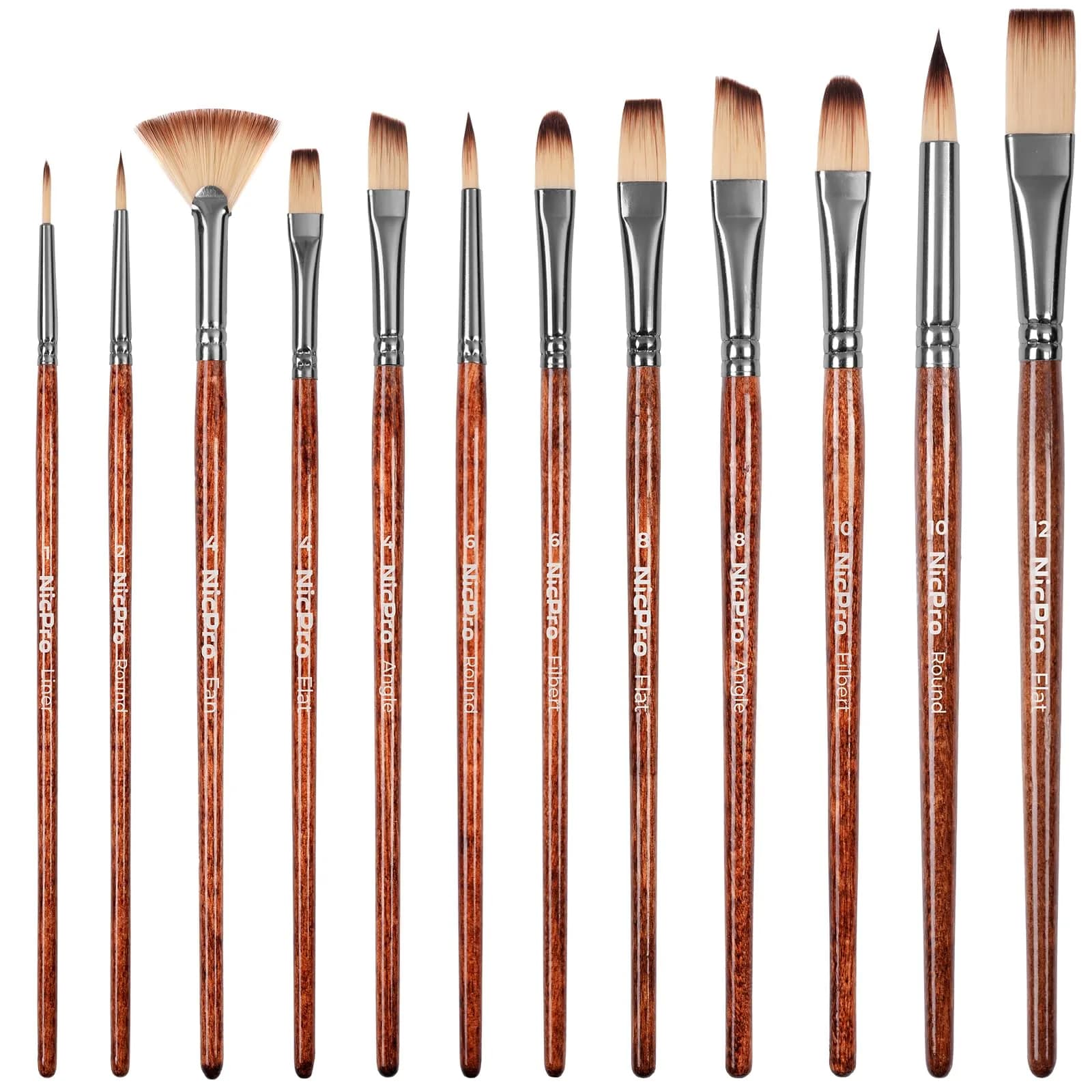 Nicpro Paint Brush Set 12pcs | Multi-Media Synthetic Nylon Brushes for Acrylic & Oil Painting