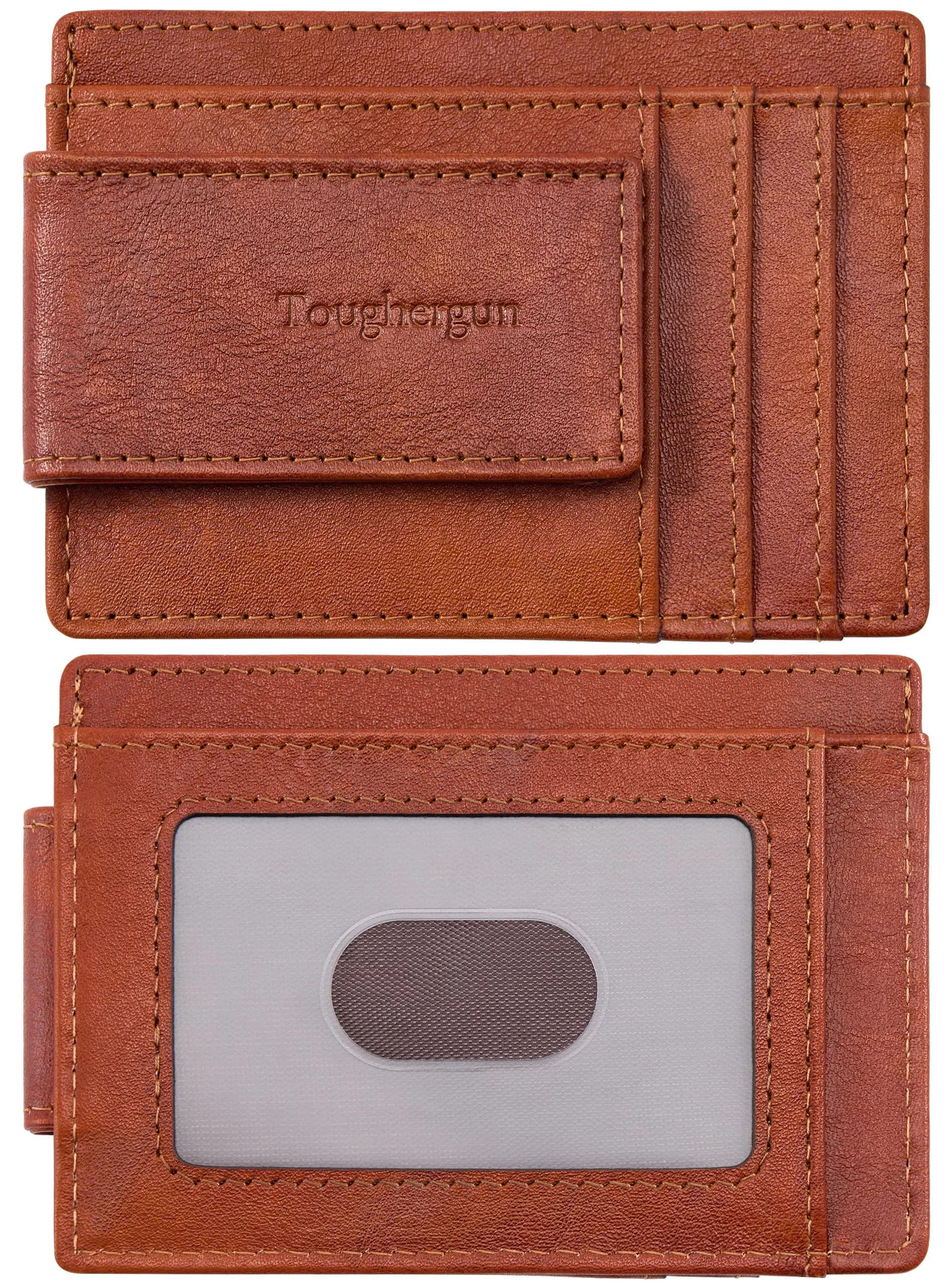 Toughergun Slim Wallet for Men RFID Blocking Money Clip, Minimalist Front Pocket Credit Card Holder, Magnetic Thin Mens Wallets with ID Window (Russet Brown, 4" x 3" x 0.3") - main product image