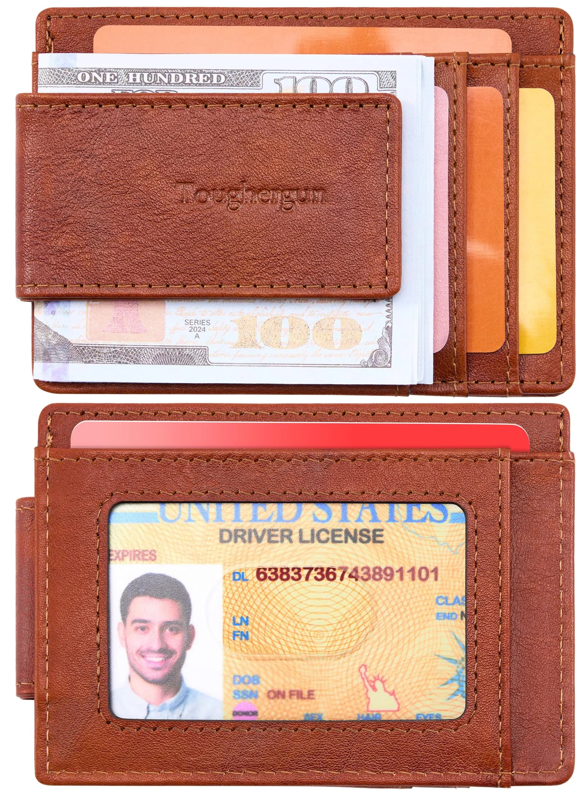 Toughergun Slim Wallet for Men RFID Blocking Money Clip, Minimalist Front Pocket Credit Card Holder, Magnetic Thin Mens Wallets with ID Window (Russet Brown, 4" x 3" x 0.3") - view 2
