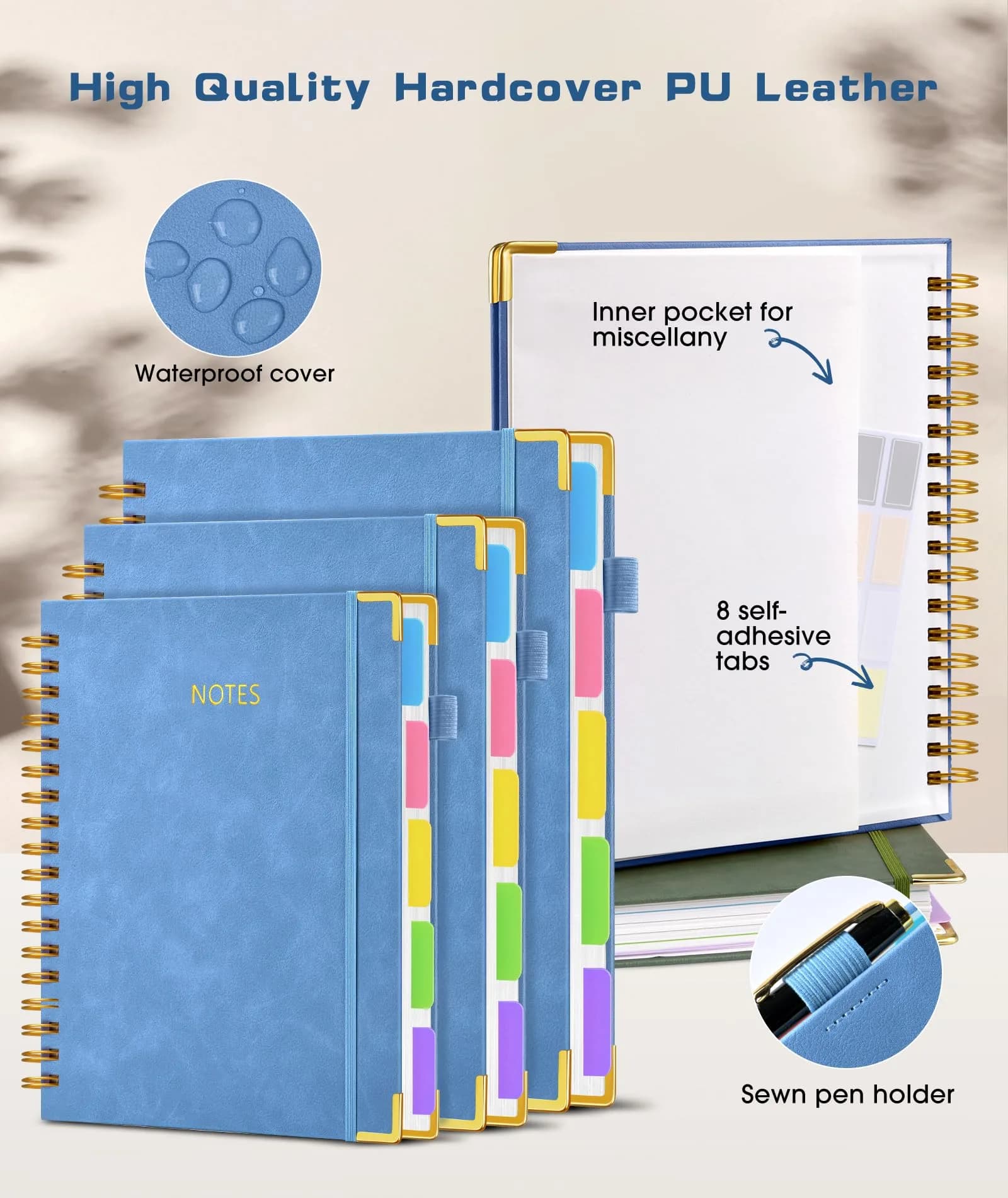dilitego Hardcover Spiral Notebook Journal with Dividers, 300 Pages Leather 5 Subject Notebook, 8"x10" B5, Light Blue - view 3