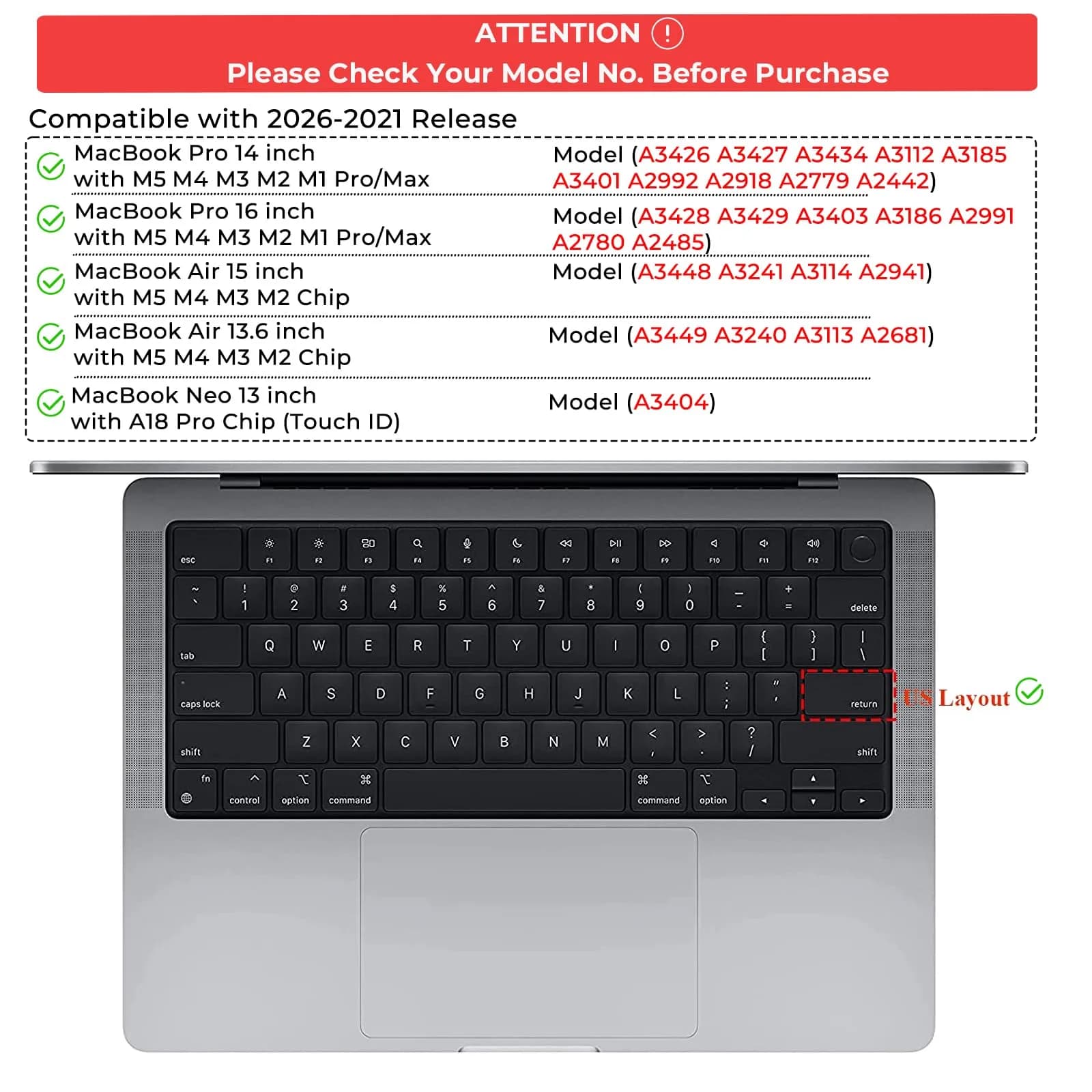 EooCoo Pink Keyboard Cover Skin Protector for MacBook Pro 14/16 & Air 13/15 Inch | US Layout - view 7