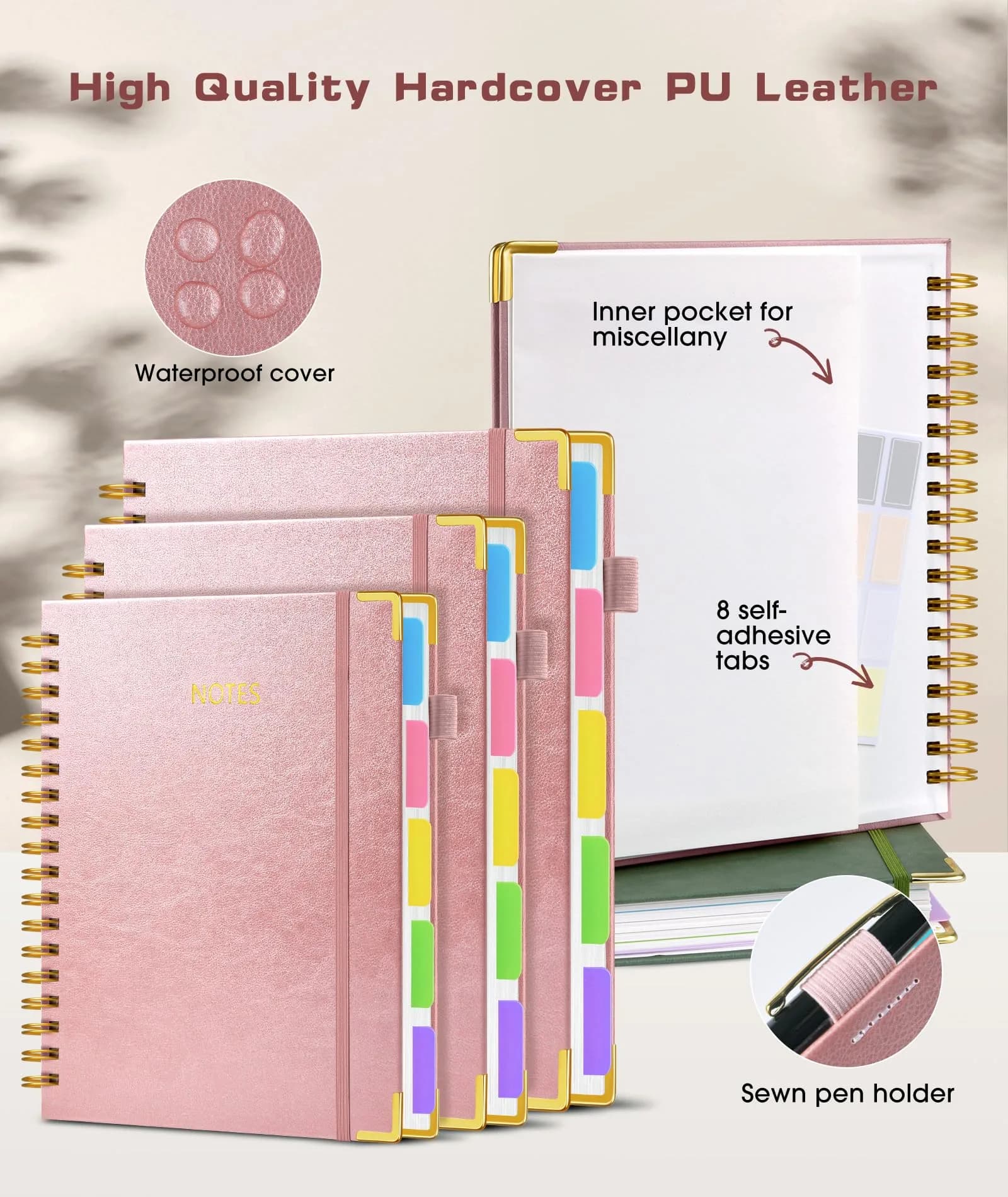 dilitego Leather Spiral Notebook Journal 8"x10" (300 Pages, Rose Gold) | Acid-Free Paper College Ruled - view 3
