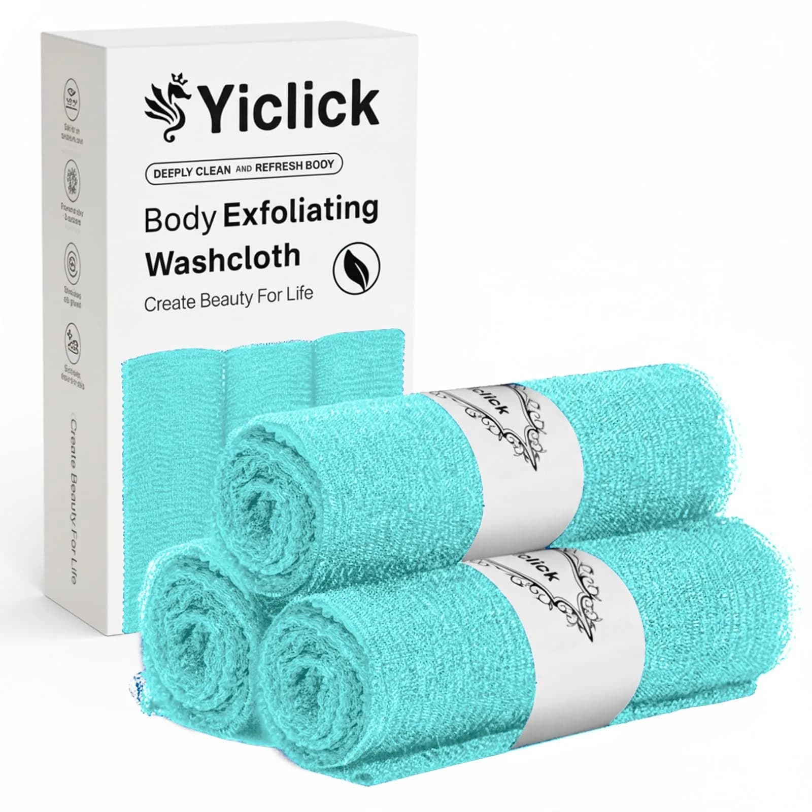 Yiclick Exfoliating Washcloth Towel Set 3 Pieces | Korean Body Scrubber for Shower Bath — Mint Green