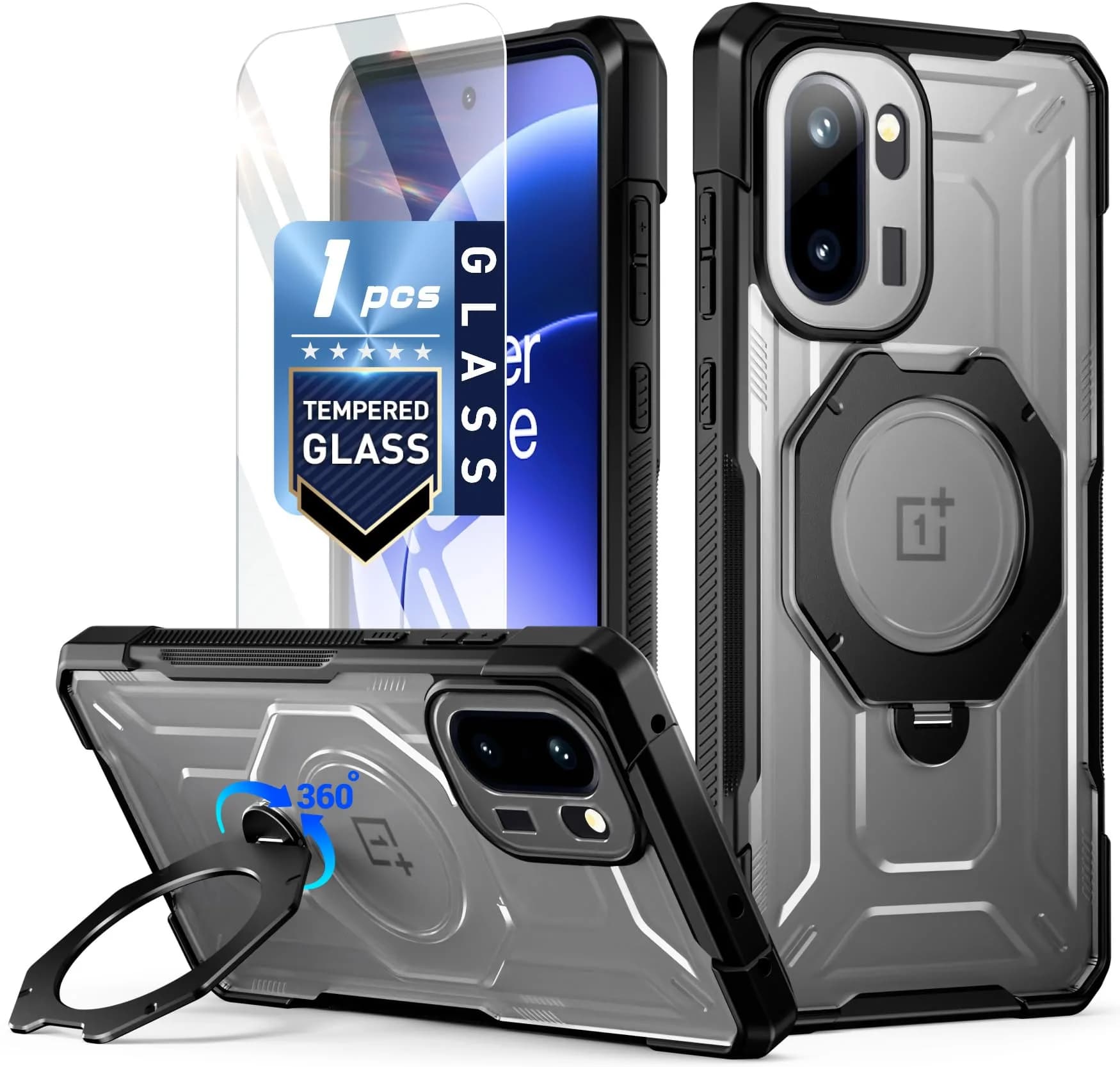 Poetic OnePlus 15R Case | 360° Magnetic Ring Kickstand | Drop Proof | Tempered Glass Screen Protector | Matte Translucent Cover | Black/Clear — Black/Clear