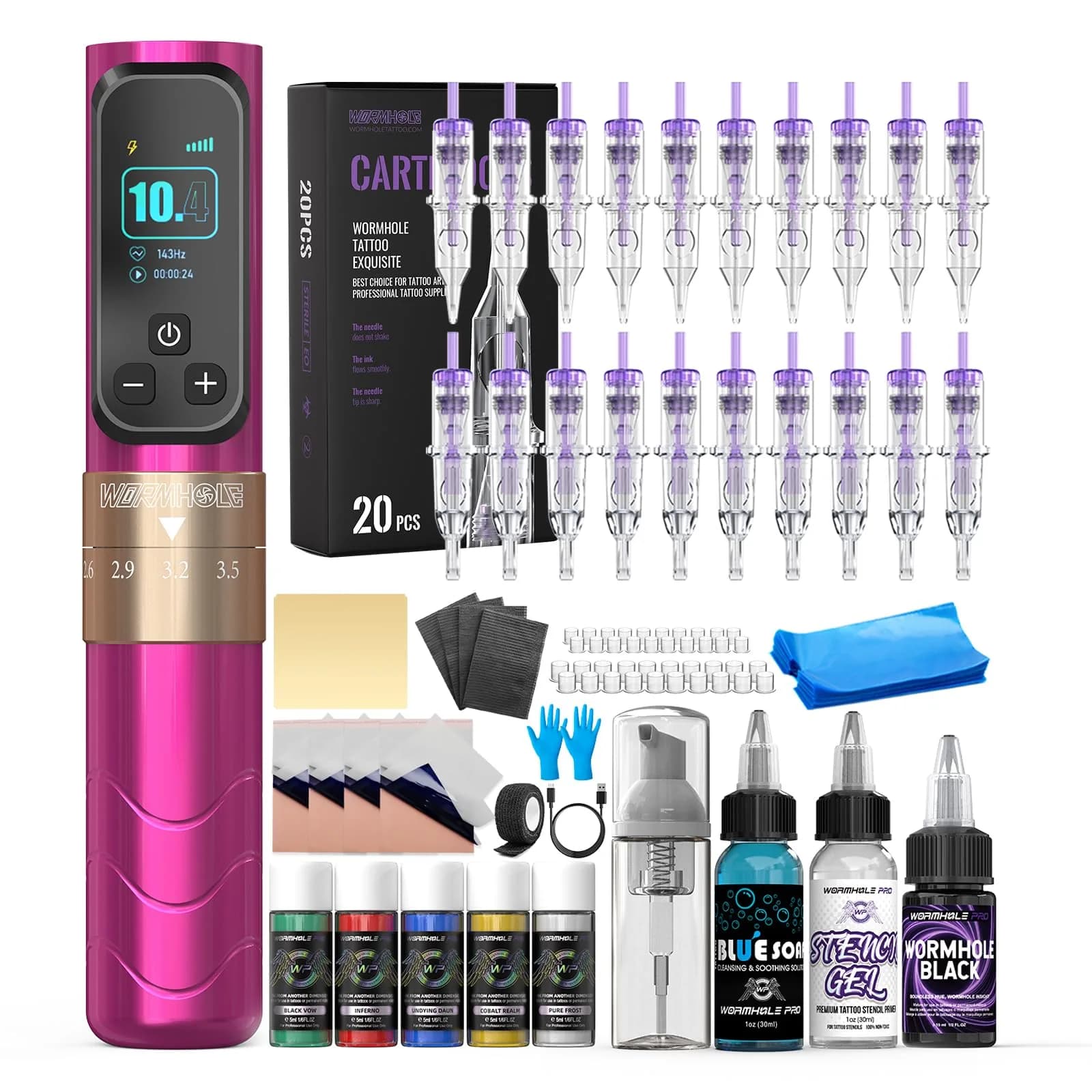 Wormhole Tattoo Gun Kit WTK070 Pink&Black - Professional Wireless Tattoo Machine for Beginners - main product image