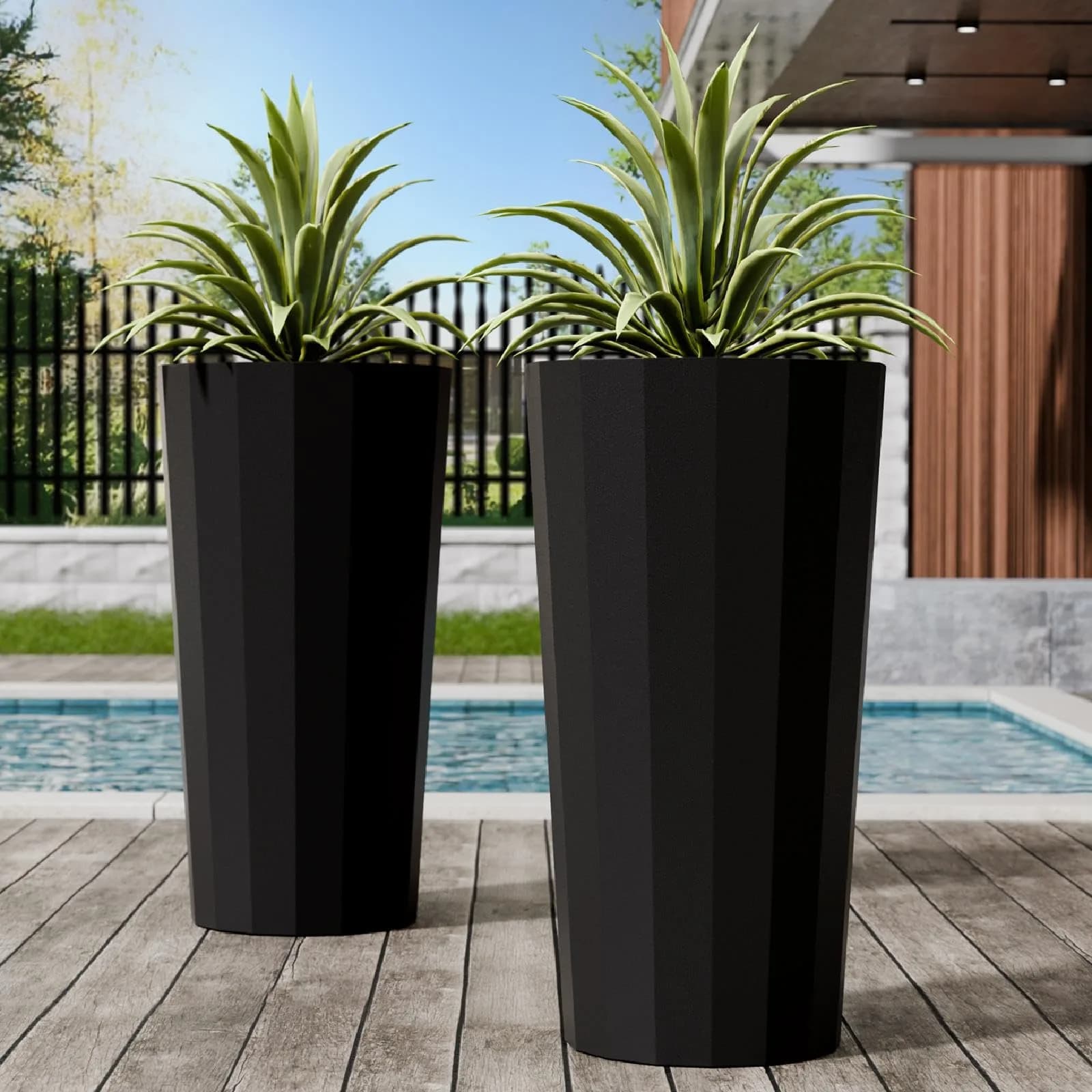 Diyfire Tall Planters for Outdoor Plants | Large 23.6 Inch Conical Flower Pots with Drainage Holes — Black