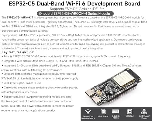 UeeKKoo ESP32-C5 Dev Board with Wi-Fi 6, BLE 5, Thread, Zigbee | 240MHz RISC-V, 16MB Flash + 8MB PSRAM, Dual USB-C thumbnail 2