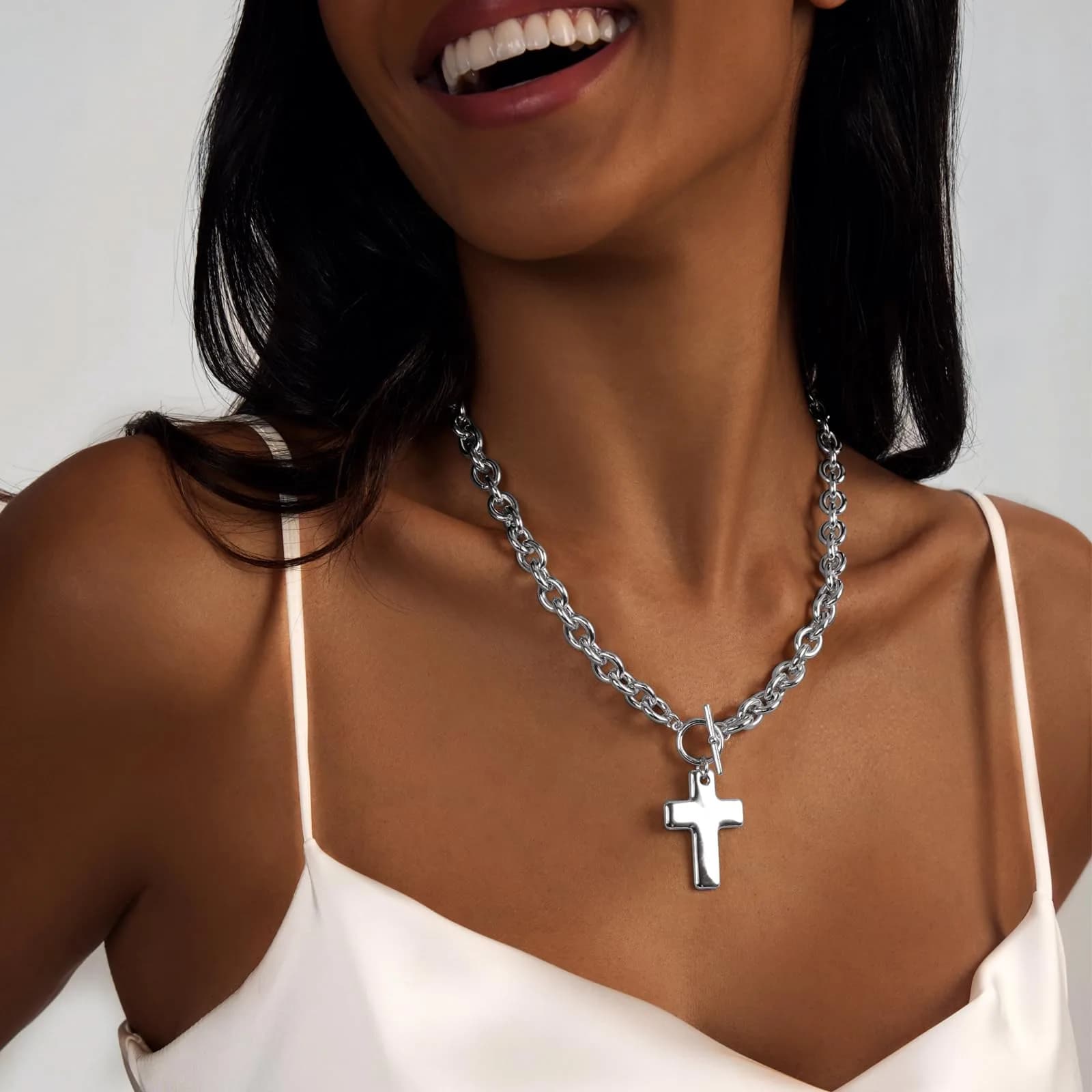 HERIER Chunky Cross Necklace for Women - Silver Plated, Trendy Big Cross Pendant - view 3