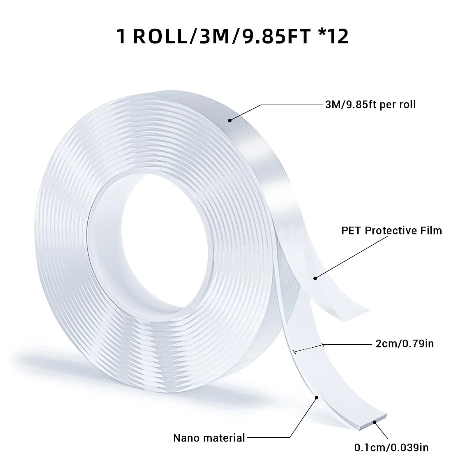 SUTOUG Double Sided Tape 12 Rolls | 36.6 m (120 ft) Total Length | Traceless, Washable, Reusable Nano Tape - view 2