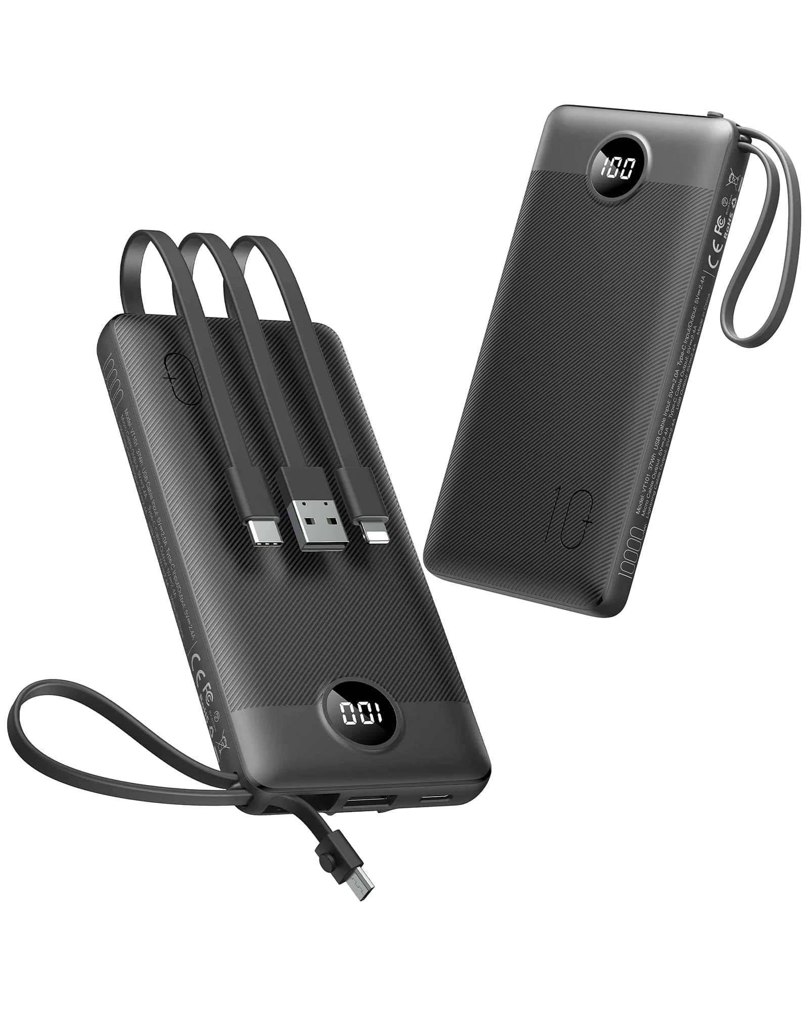 VEEKTOMX 10000mAh Power Bank with Built-in Cables | Slim Fast Charge USB C Battery Pack for iPhone & Android
