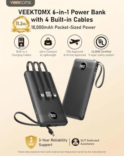 VEEKTOMX 10000mAh Power Bank with Built-in Cables | Slim Fast Charge USB C Battery Pack for iPhone & Android thumbnail 2