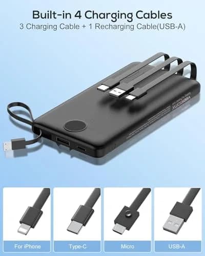 VEEKTOMX 10000mAh Power Bank with Built-in Cables | Slim Fast Charge USB C Battery Pack for iPhone & Android thumbnail 4