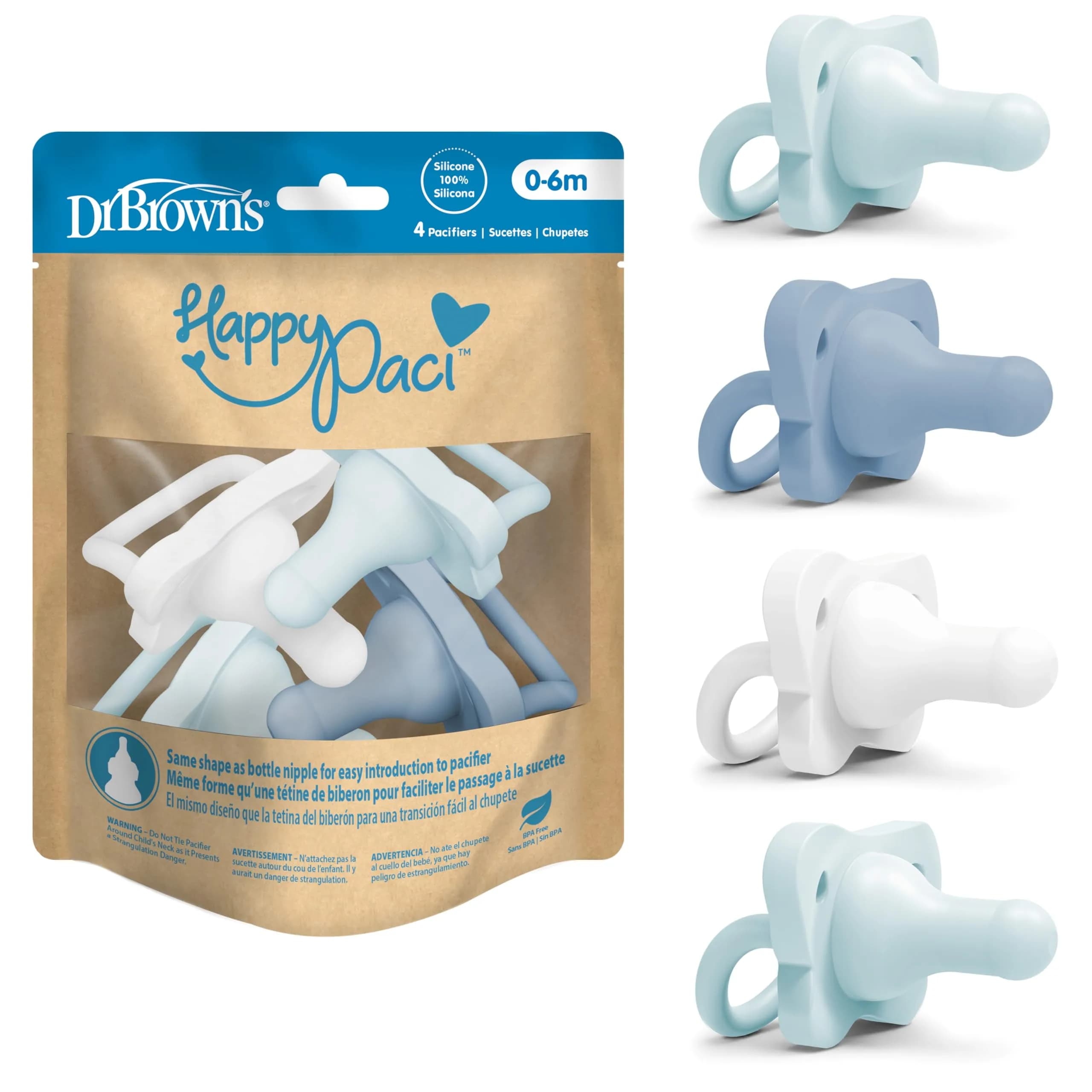 Dr. Brown's HappyPaci Silicone Pacifier 0-6m | Soft, Breathable, Bottle-Nipple Shape — Blue/Light-Blue/White